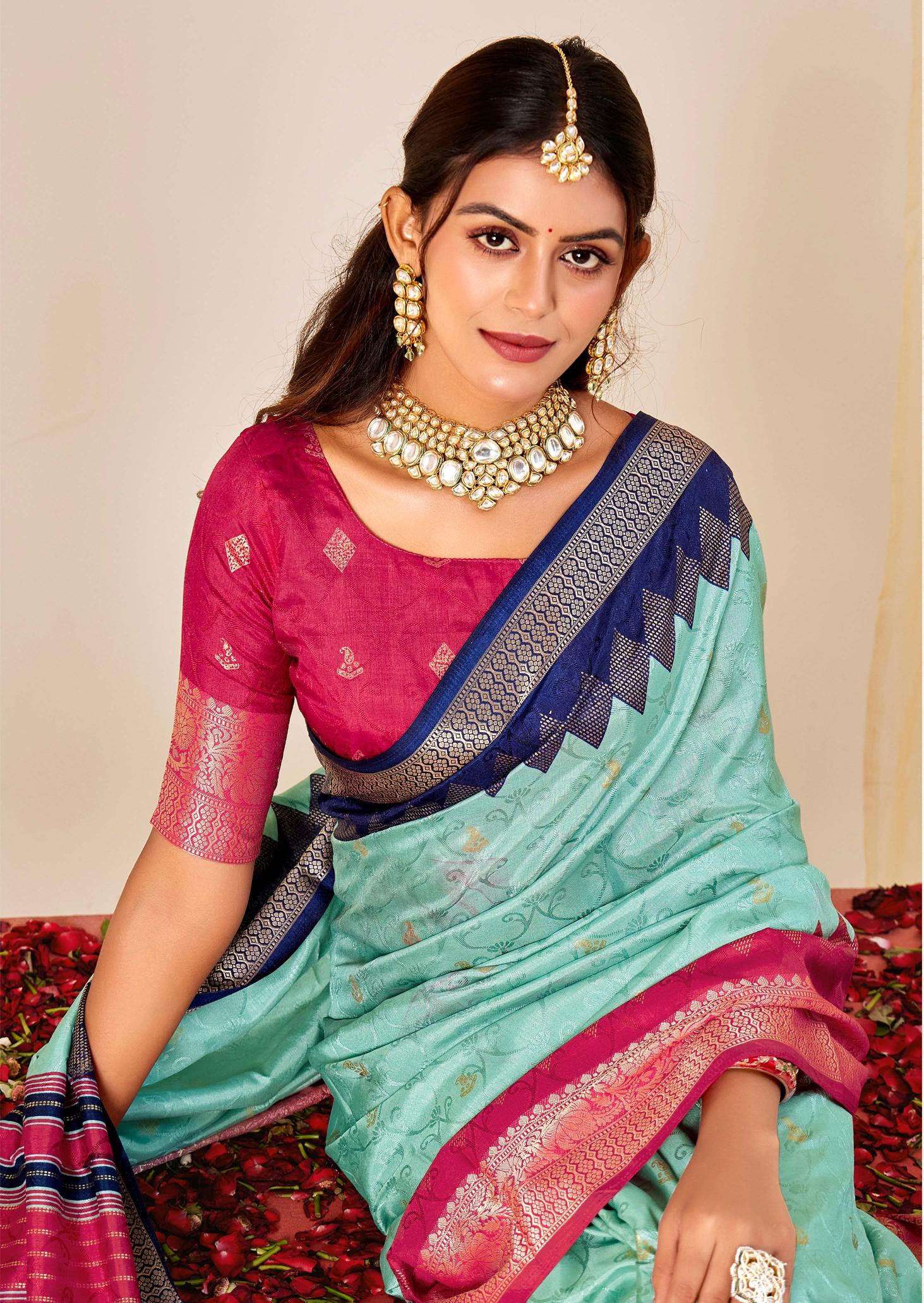 Sky Blue N Pink Velvet Tussar Silk Saree