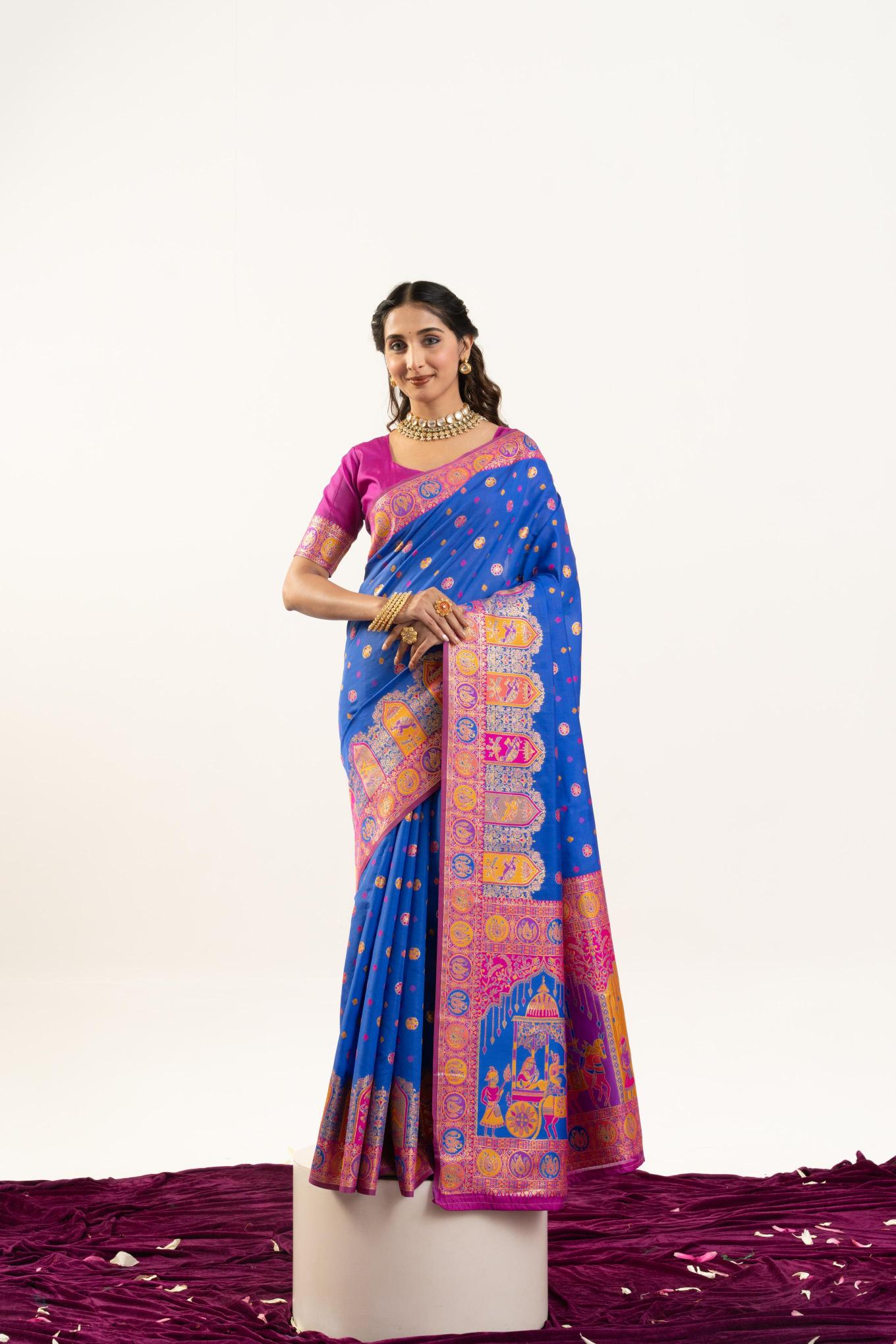 Sky Blue N Purple Banarasi Pashmina Silk Saree