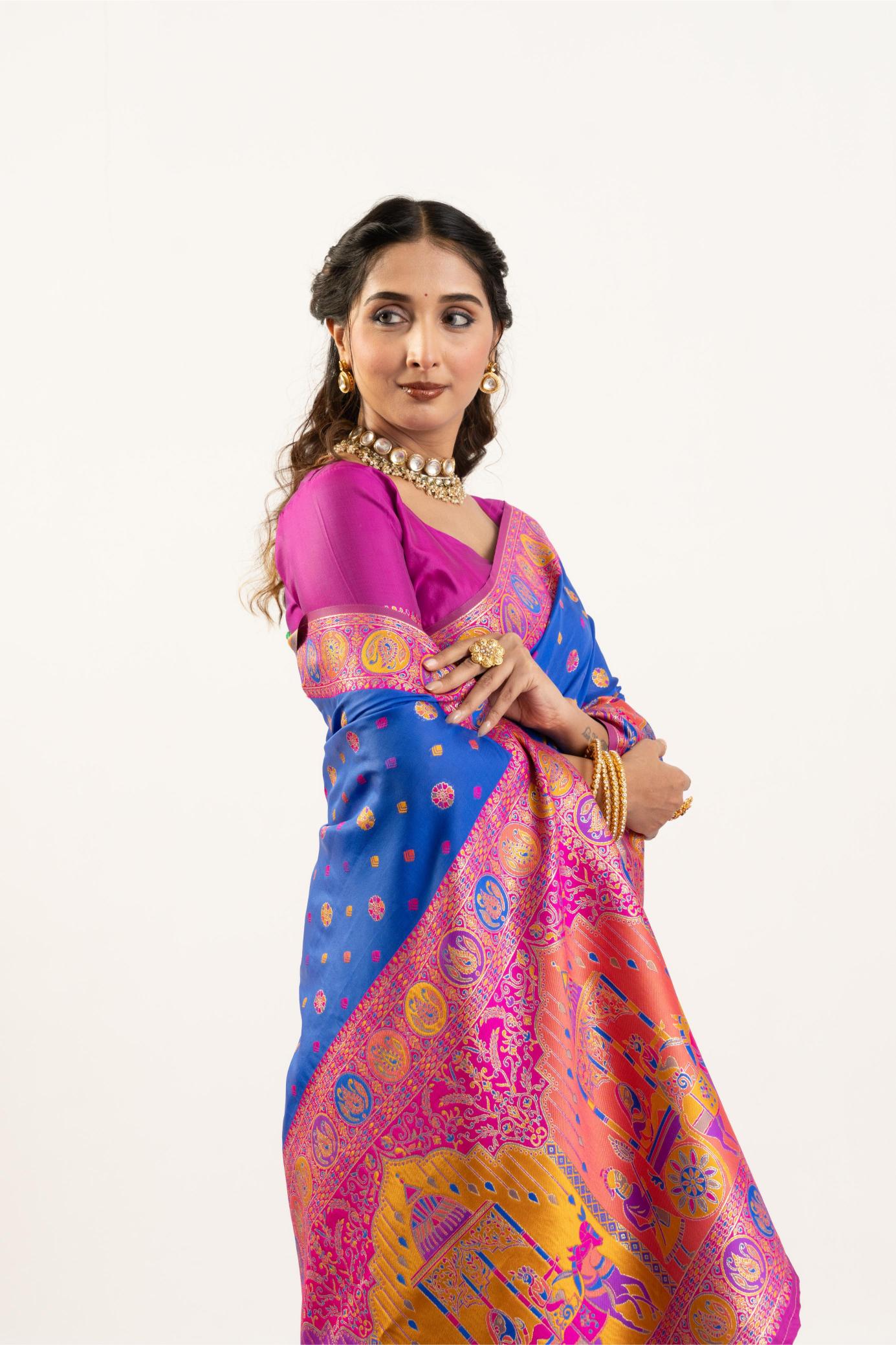 Sky Blue N Purple Banarasi Pashmina Silk Saree