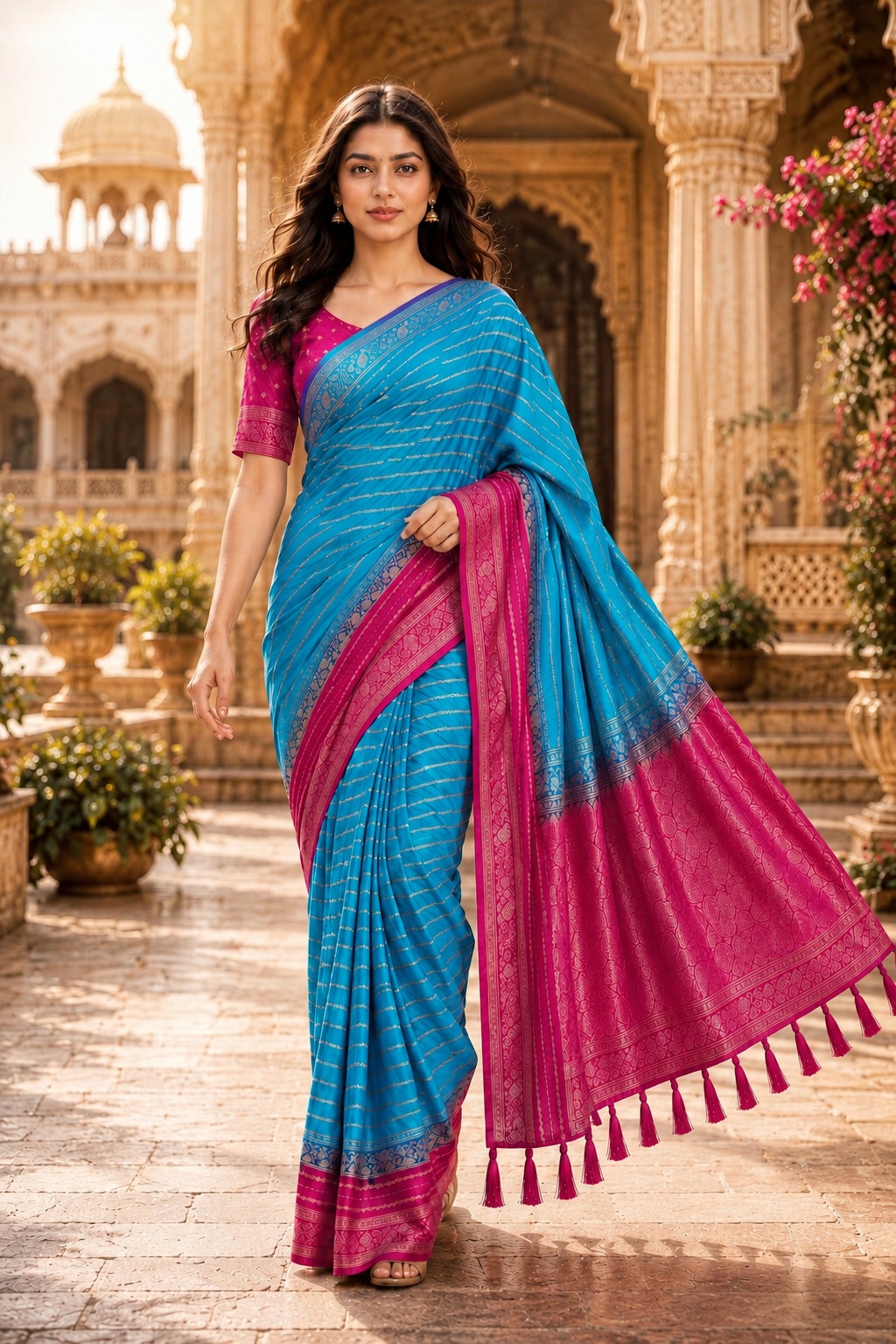 Sky Blue N Rani Pink Heritage Woven Saree