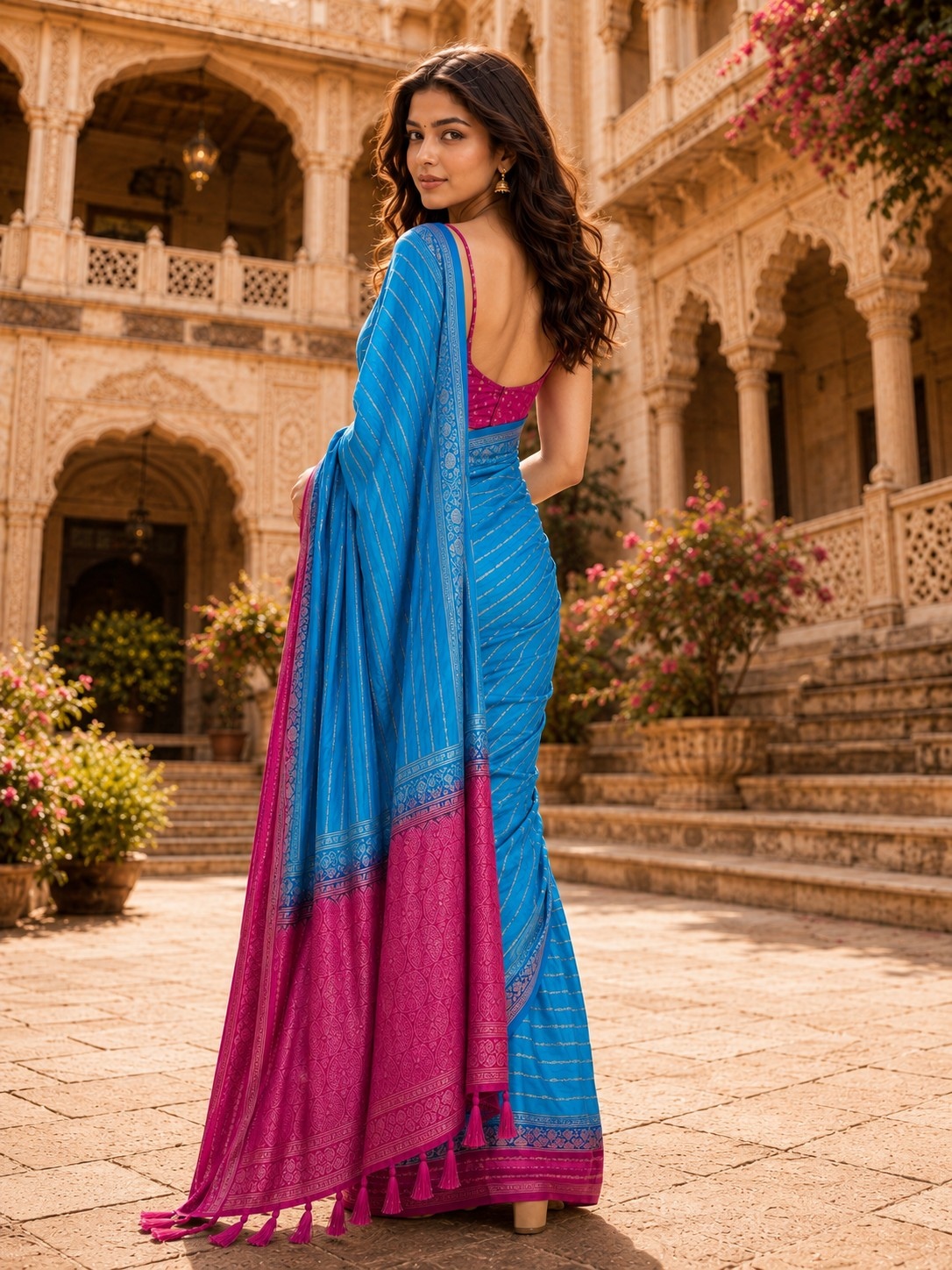 Sky Blue N Rani Pink Heritage Woven Saree — alternate view