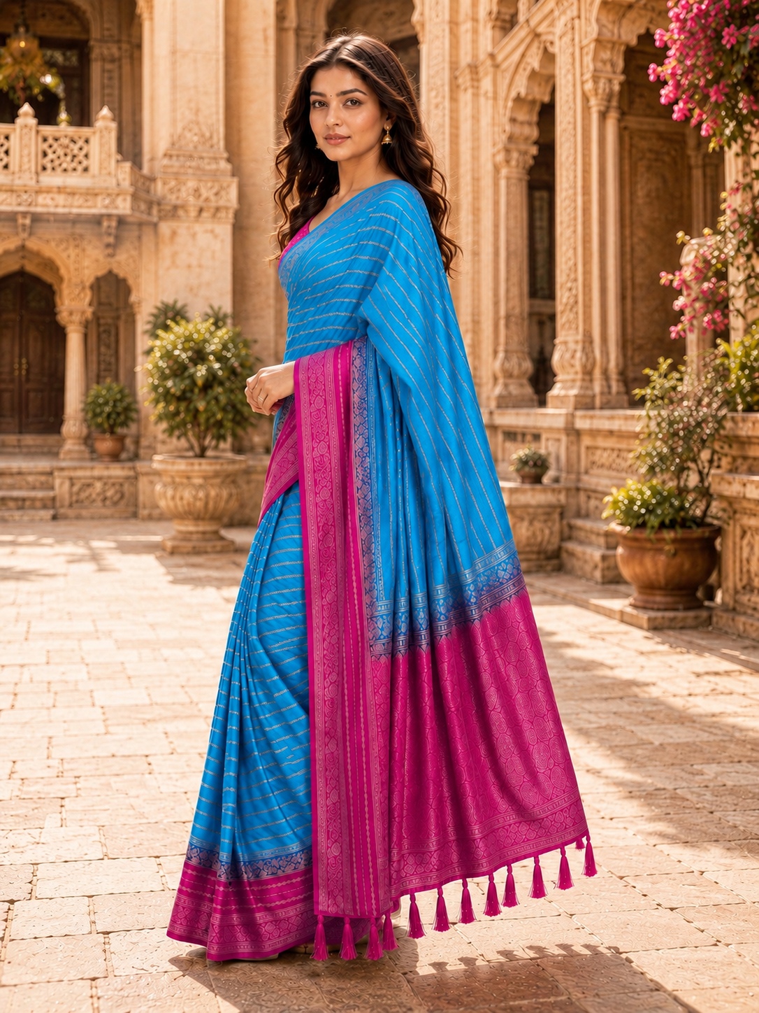 Sky Blue N Rani Pink Heritage Woven Saree
