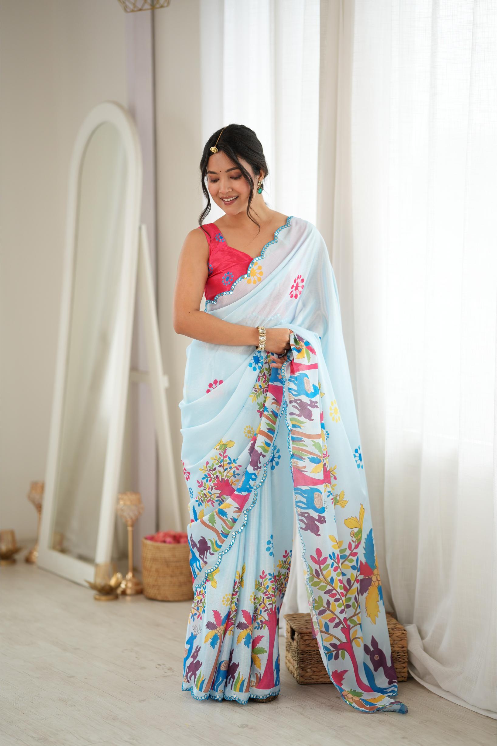 Sky Blue Nature Digital Printed Chinon Saree