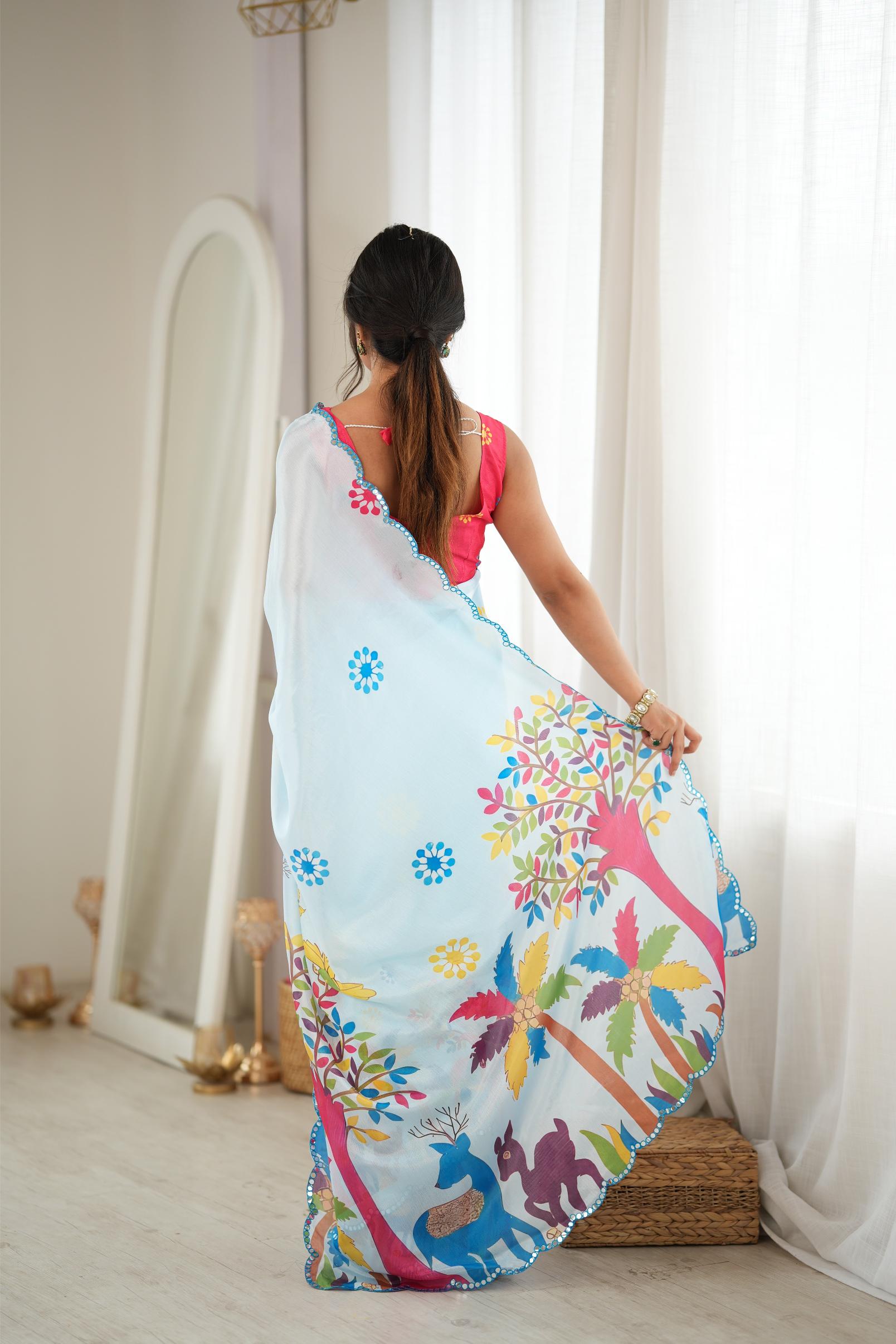 Sky Blue Nature Digital Printed Chinon Saree — alternate view