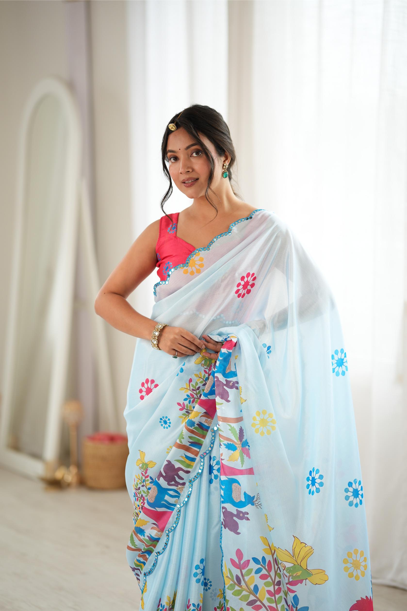 Sky Blue Nature Digital Printed Chinon Saree