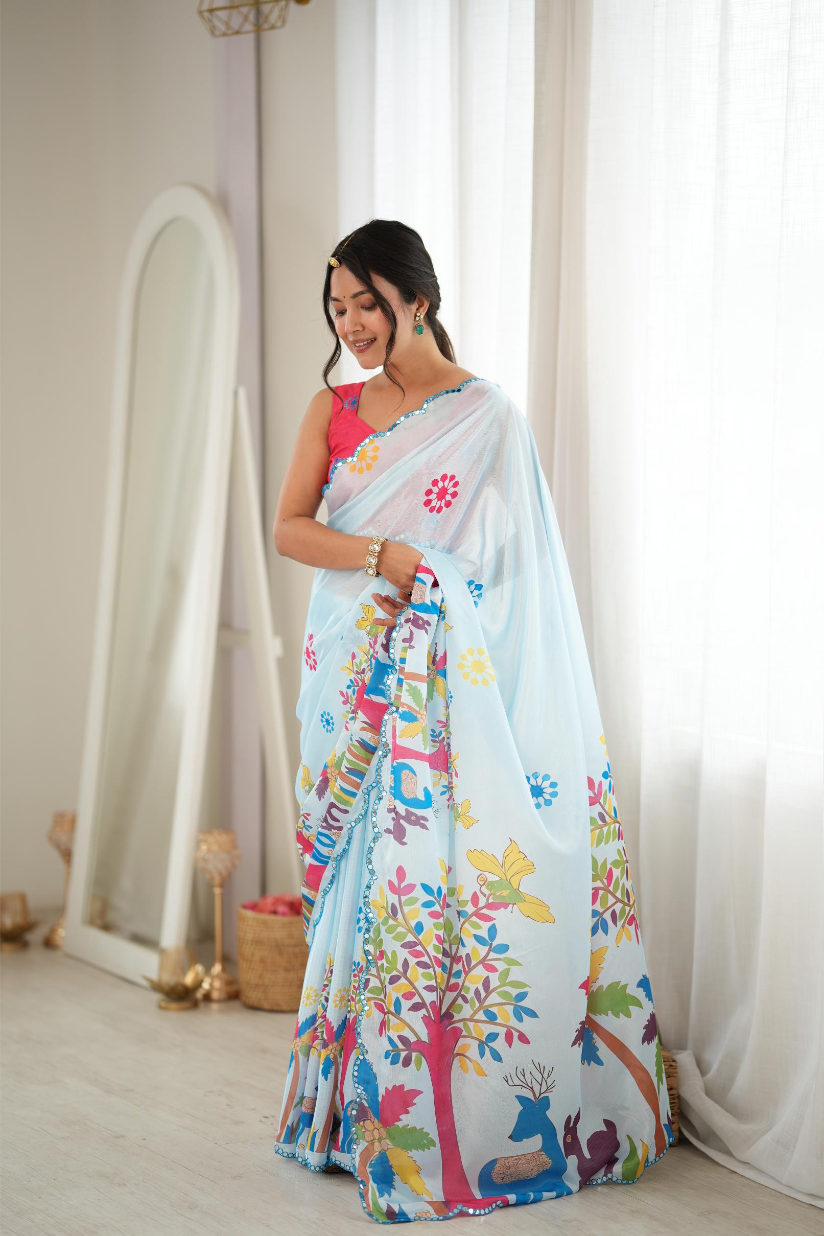 Sky Blue Nature Digital Printed Chinon Saree
