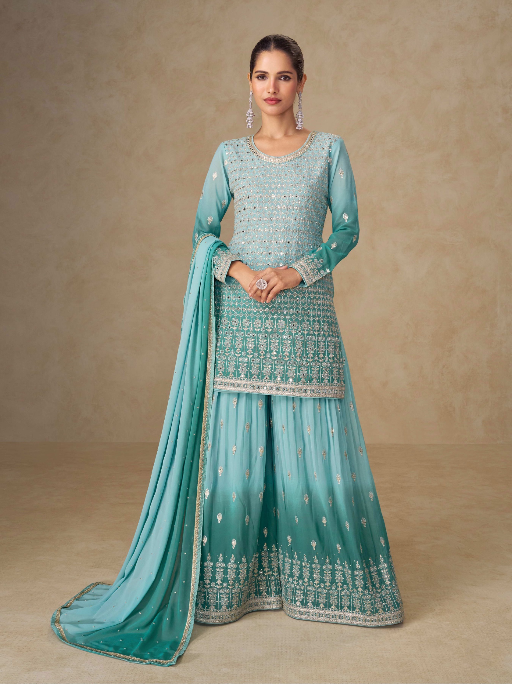 Sky Blue Ombre Floral Jaal Designer Embroidery Georgette Palazzo Suit