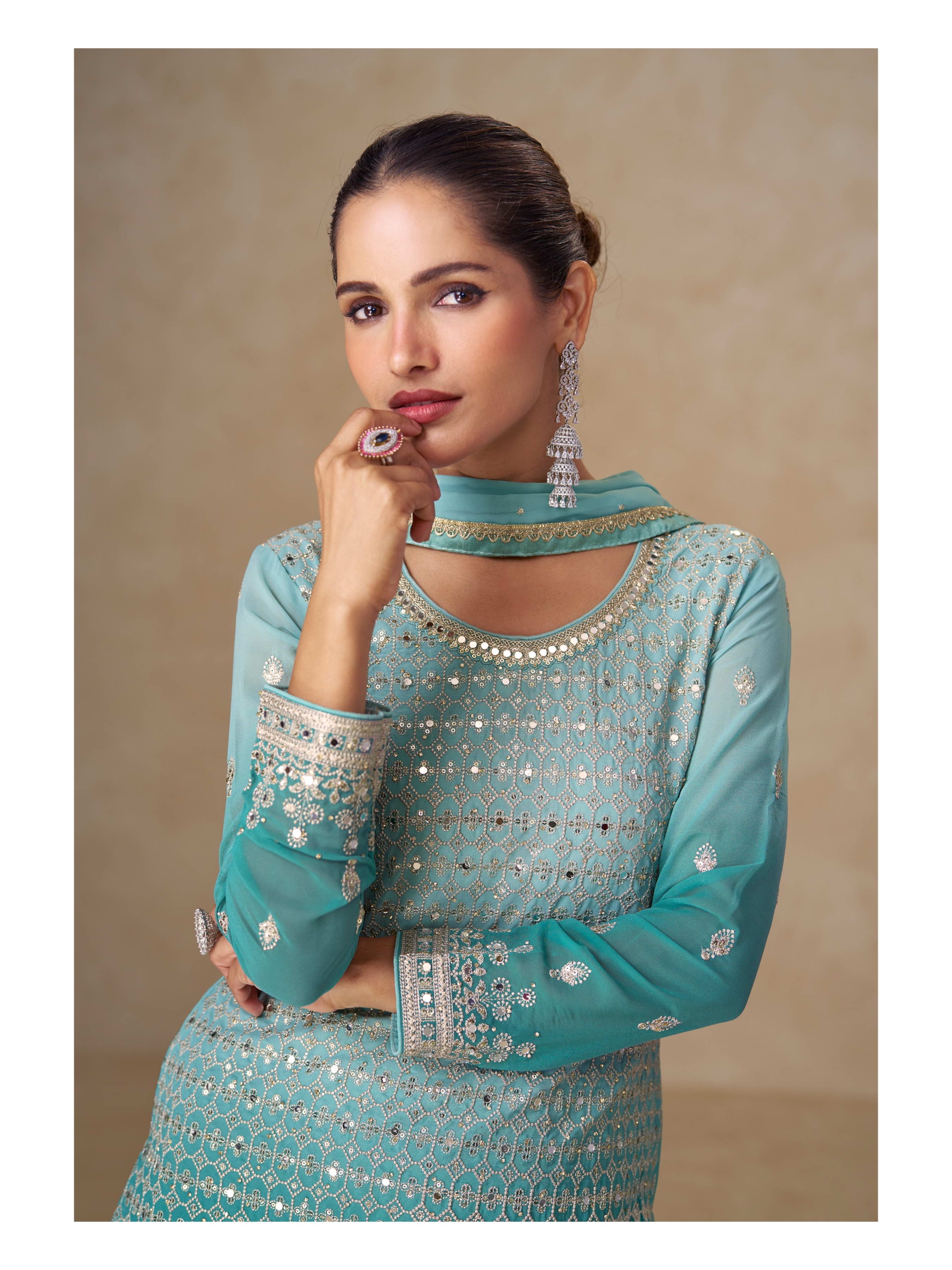 Sky Blue Ombre Floral Jaal Designer Embroidery Georgette Palazzo Suit