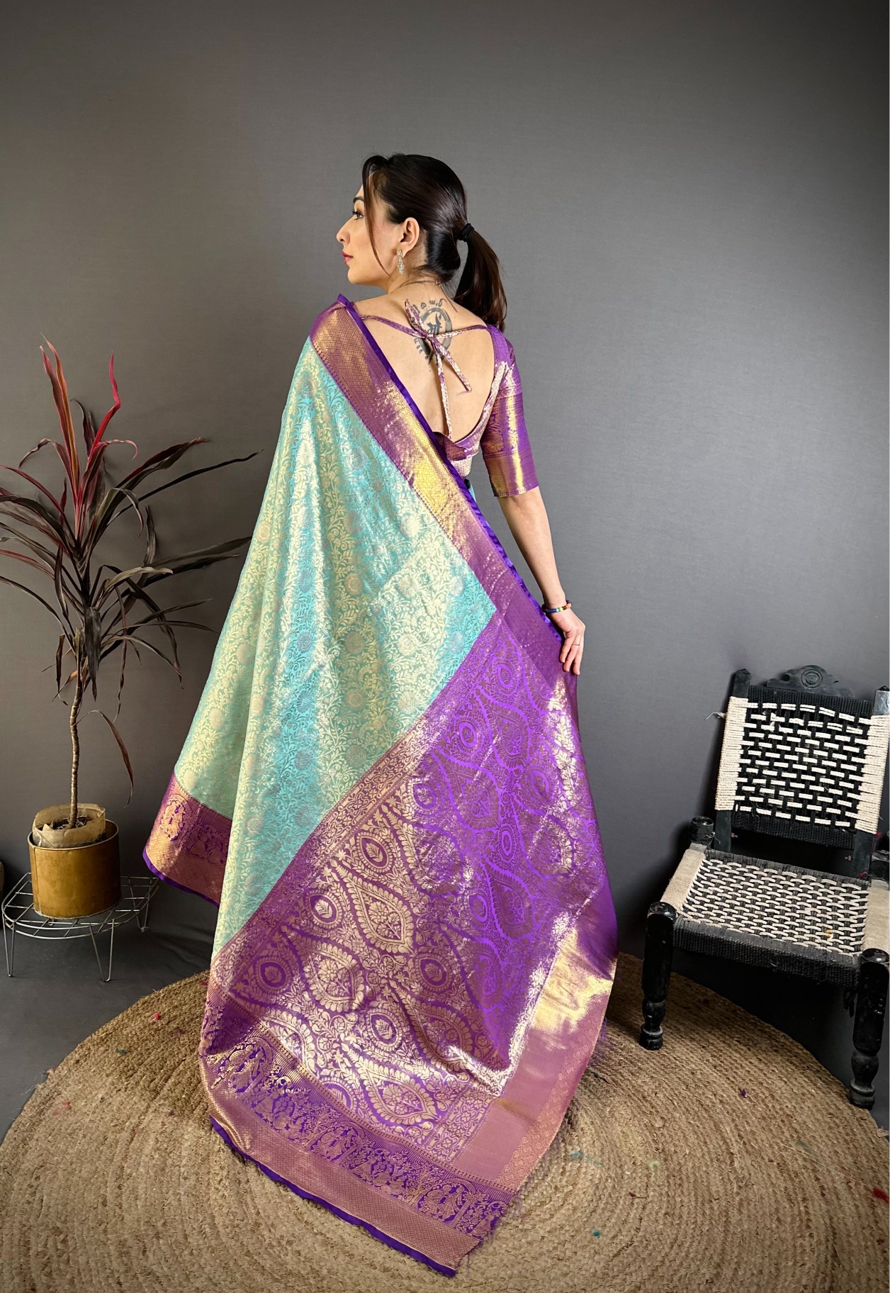 Sky Blue Opulent Jacquard Kanchipuram Silk Saree — alternate view