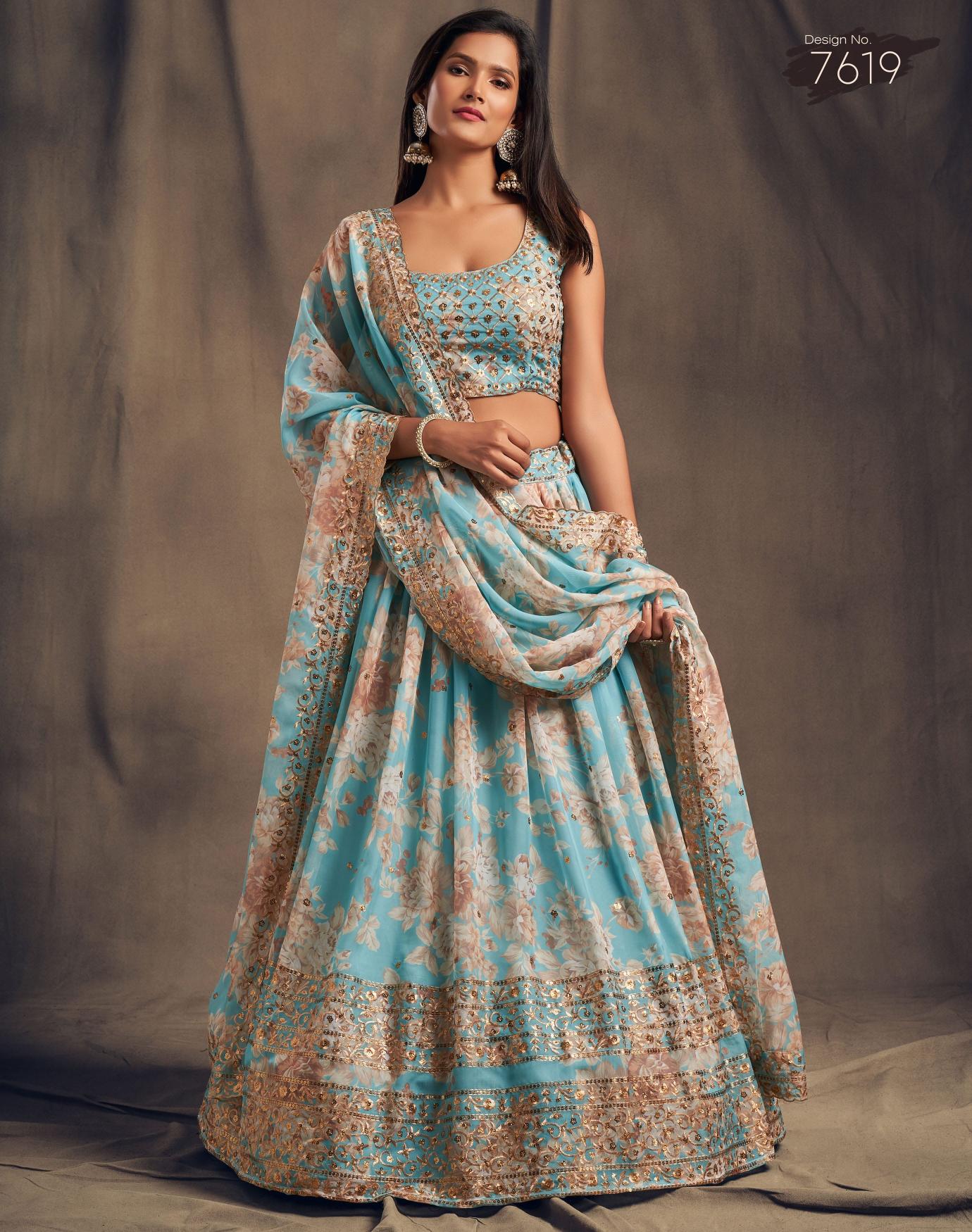 Sky Blue Organza Lehenga Choli