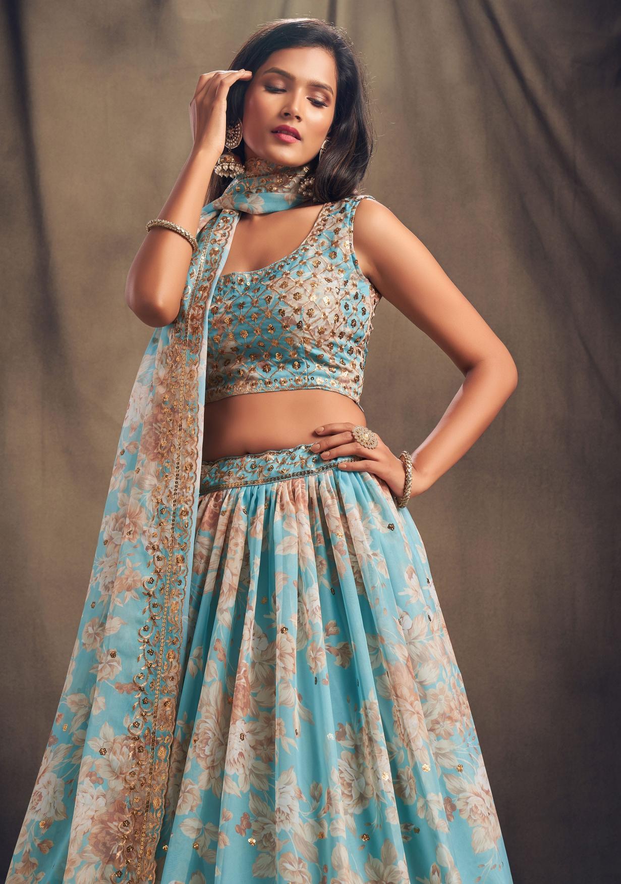 Sky Blue Organza Lehenga Choli