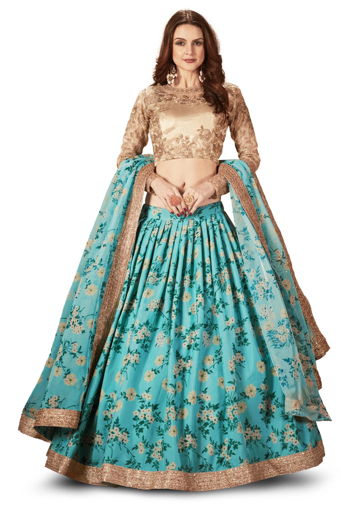Sky Blue Organza Printed Lehenga Choli