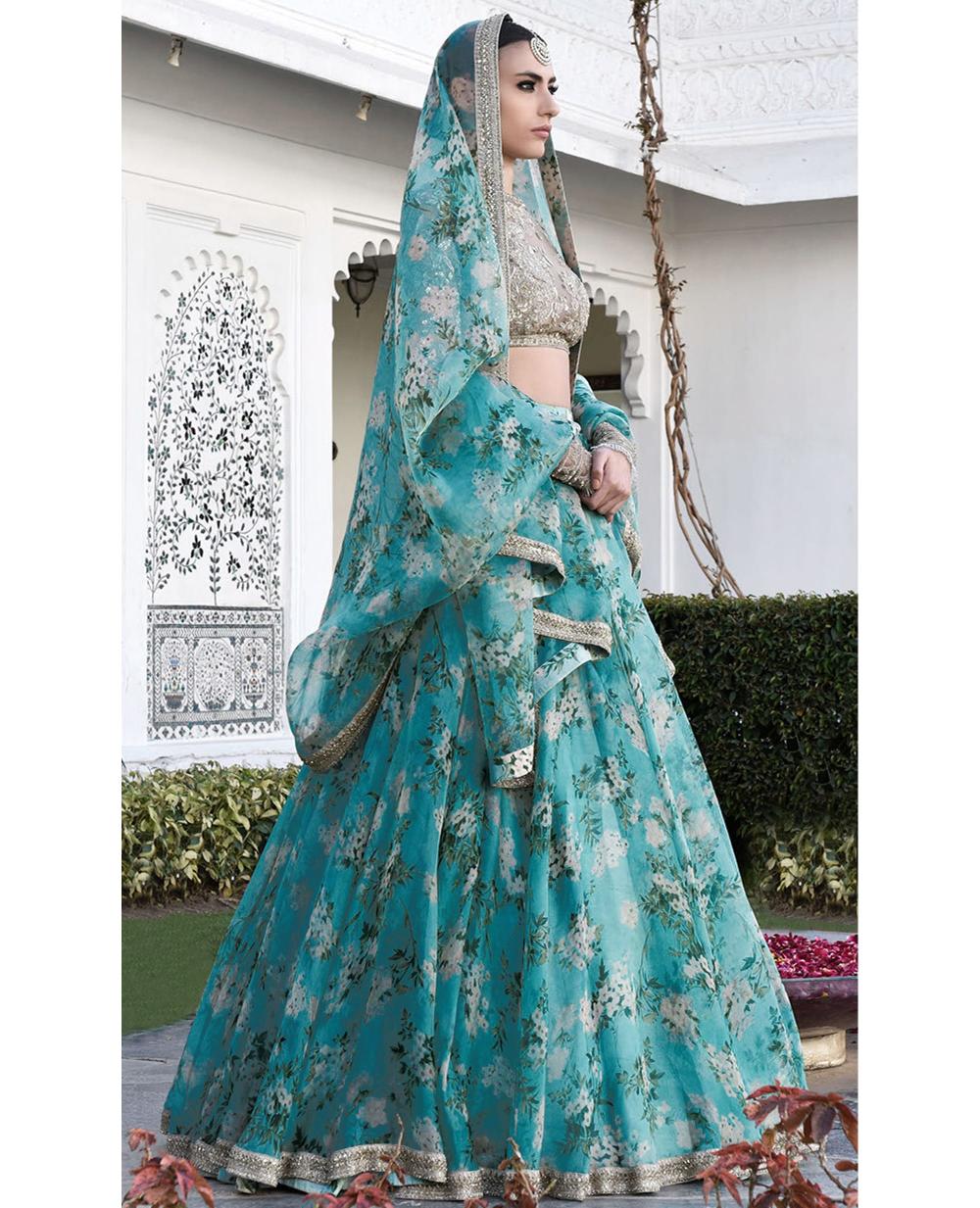 Sky Blue Organza Printed Lehenga Choli — alternate view
