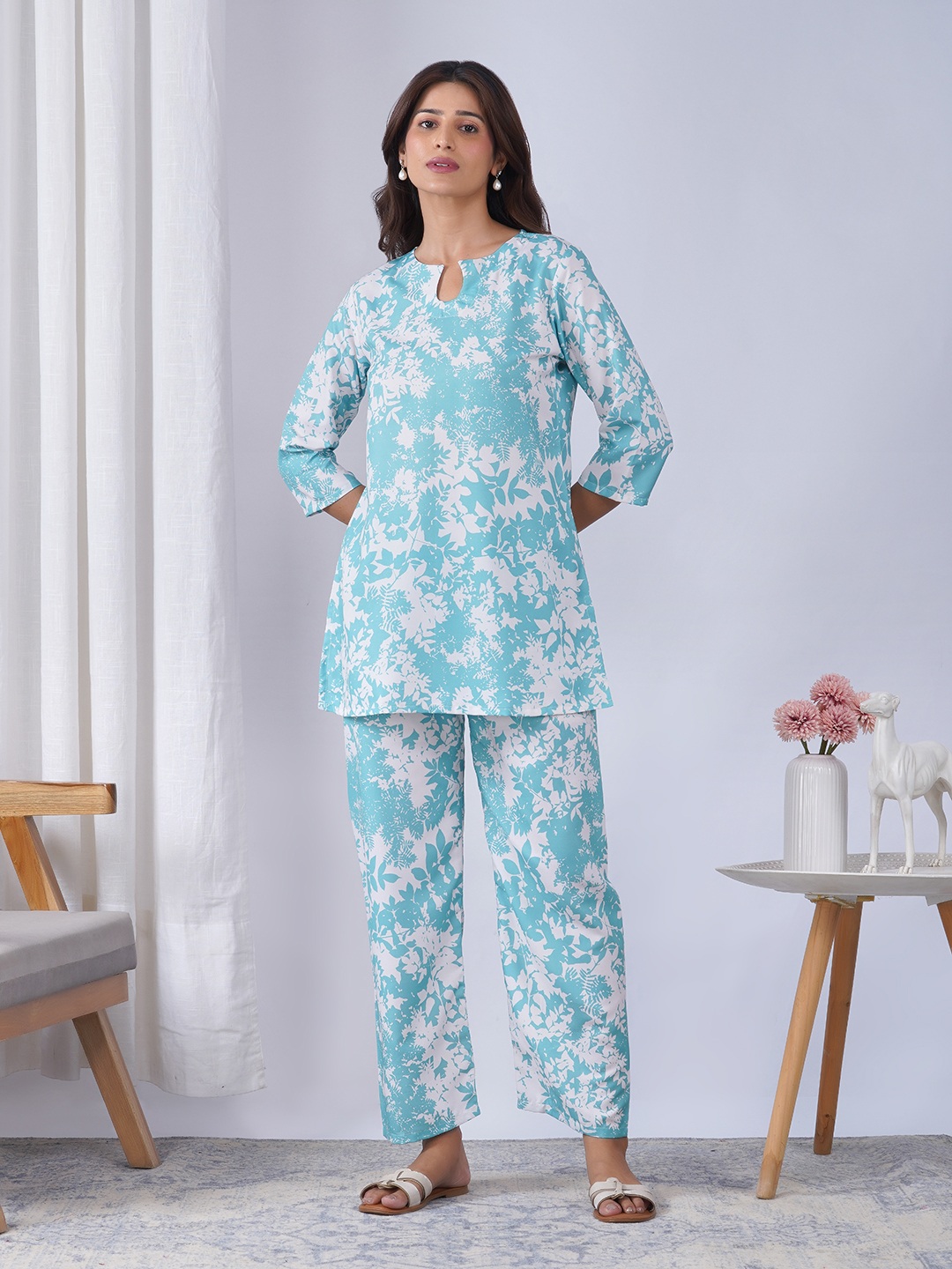 Sky Blue Paisley Designer Printed Rayon Blend Co-Ord Set