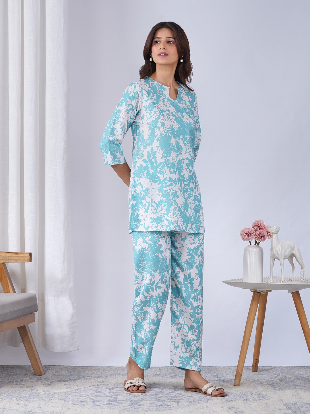 Sky Blue Paisley Designer Printed Rayon Blend Co-Ord Set