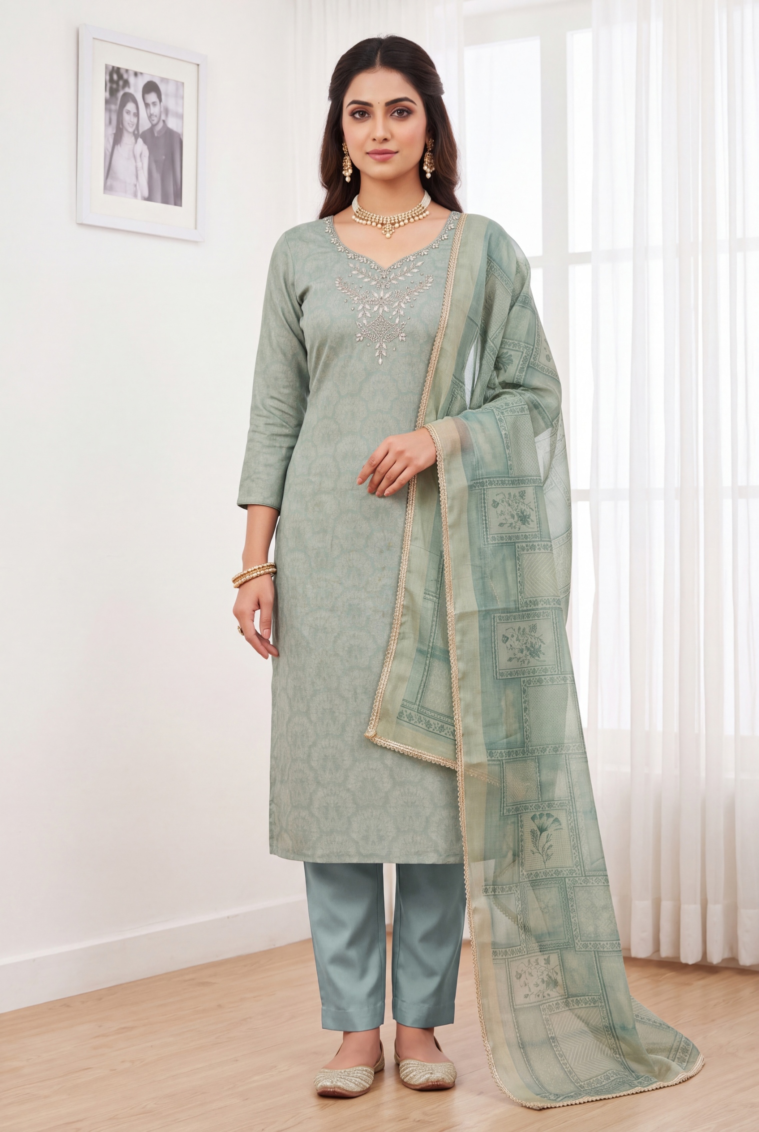 Sky Blue Paisley Hand Work Shimmer Lilen Straight Suit
