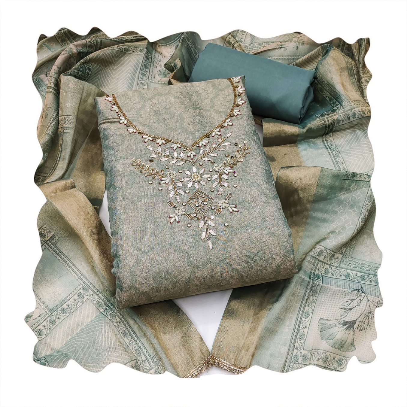 Sky Blue Paisley Hand Work Shimmer Lilen Straight Suit — alternate view