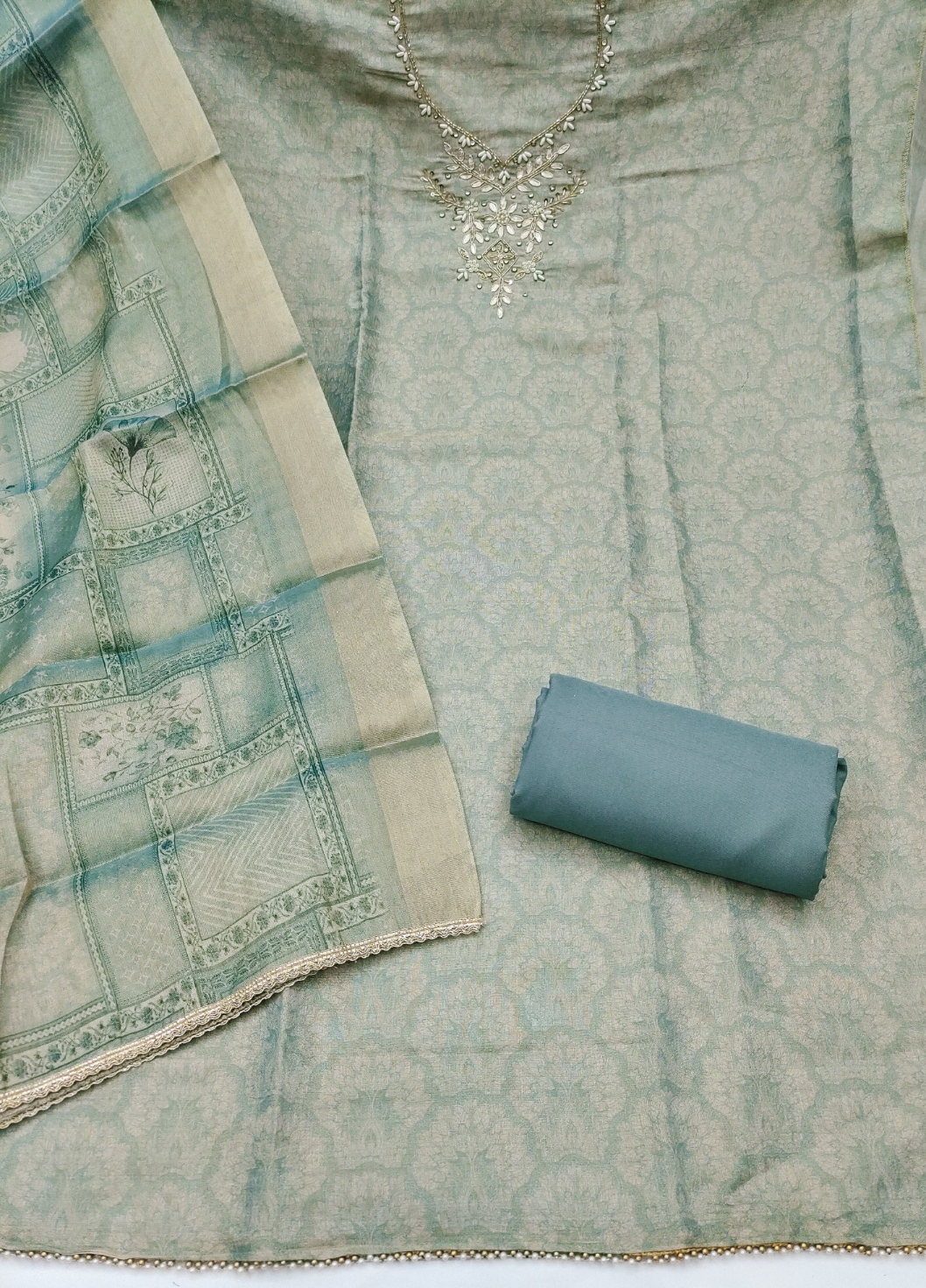 Sky Blue Paisley Hand Work Shimmer Lilen Straight Suit