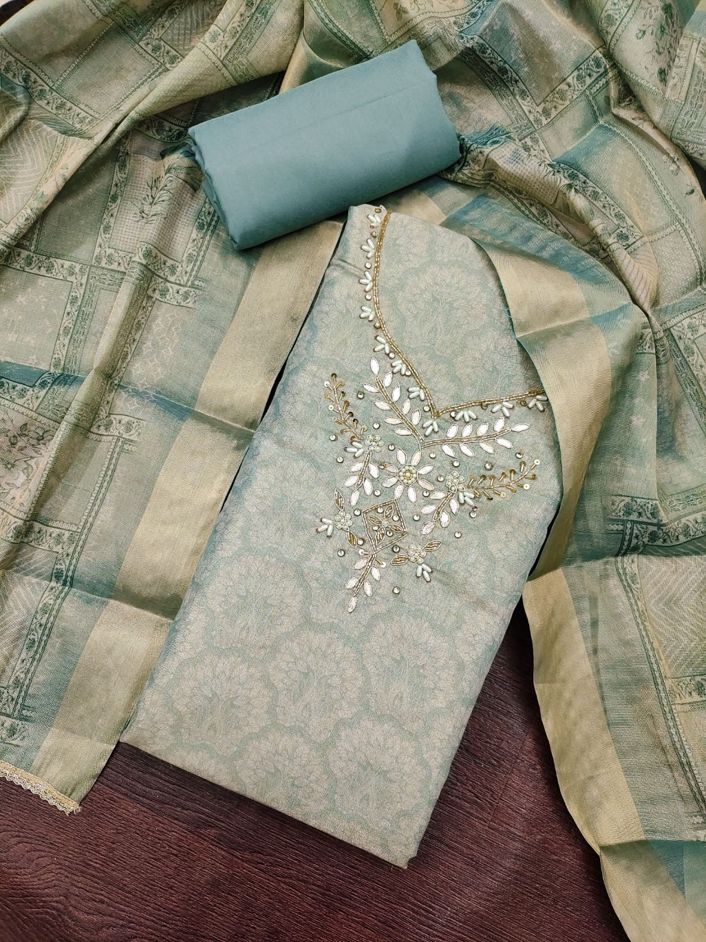 Sky Blue Paisley Hand Work Shimmer Lilen Straight Suit