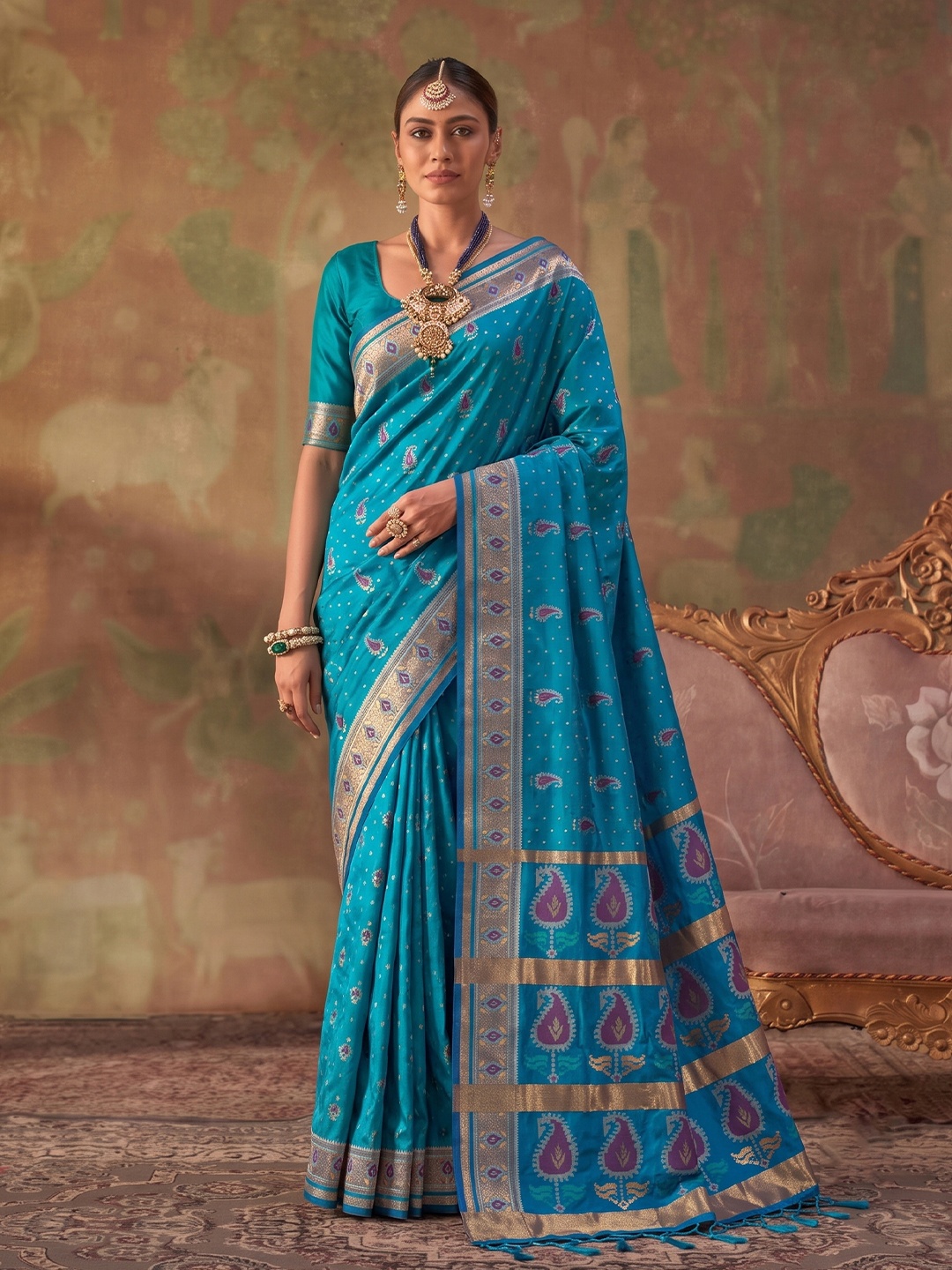 Sky Blue Paisley Woven Soft Silk Saree