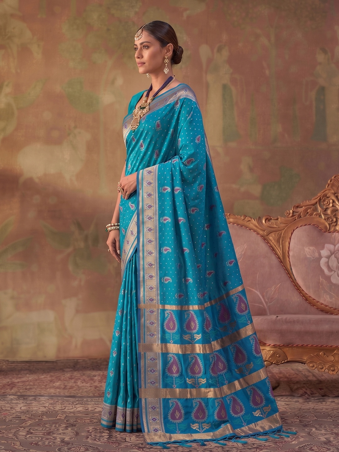 Sky Blue Paisley Woven Soft Silk Saree