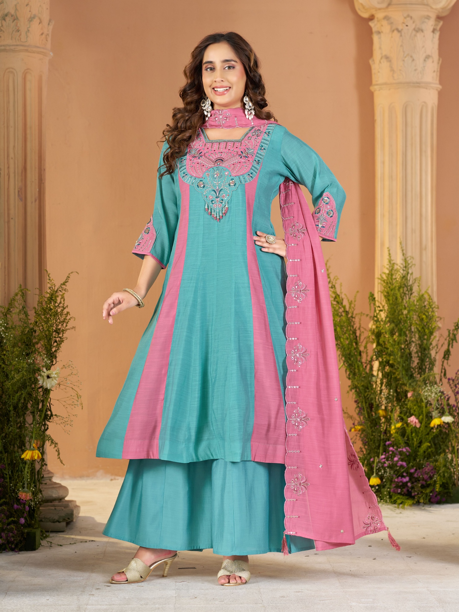 Sky Blue Pink Embroidered Mal Chanderi Palazzo Suit