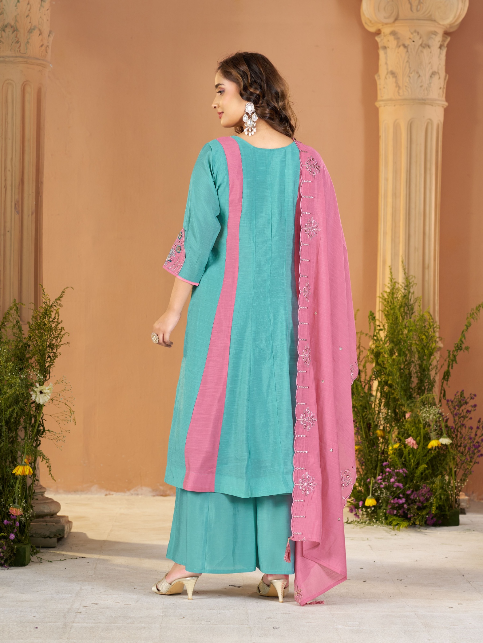 Sky Blue Pink Embroidered Mal Chanderi Palazzo Suit — alternate view