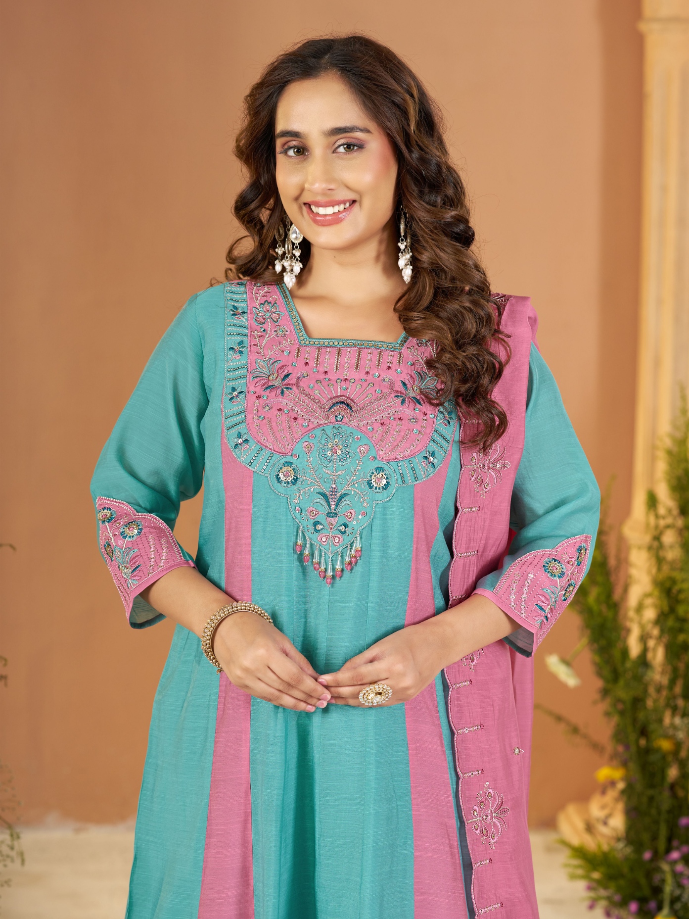 Sky Blue Pink Embroidered Mal Chanderi Palazzo Suit