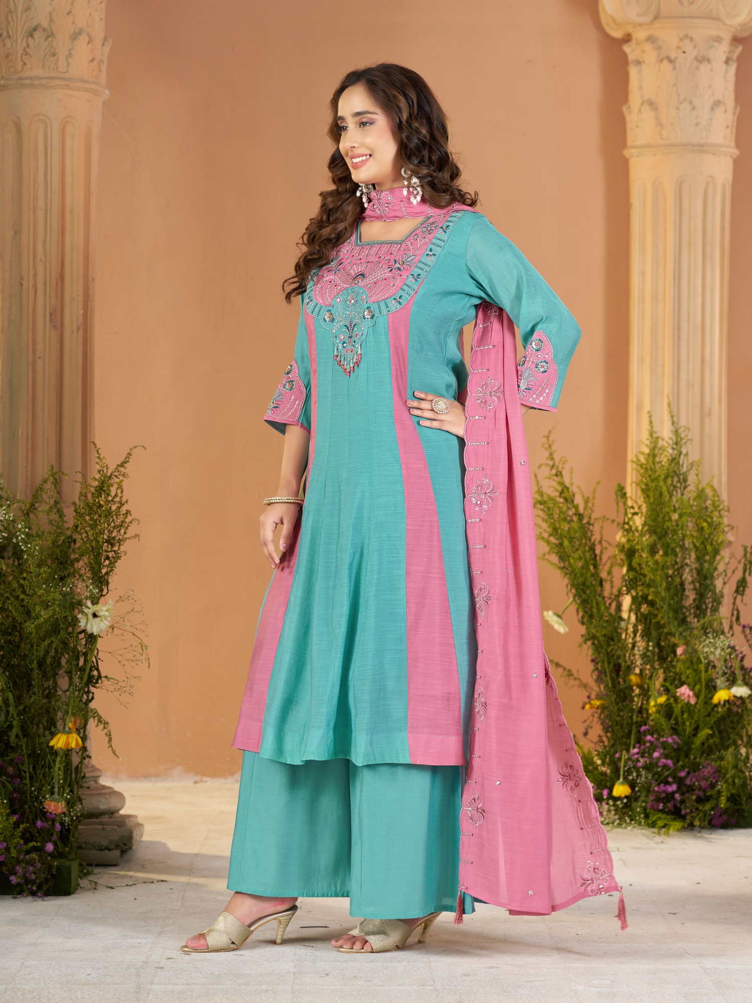 Sky Blue Pink Embroidered Mal Chanderi Palazzo Suit