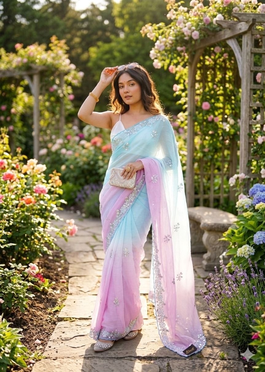 Sky Blue-Pink Pixel Crush Saree