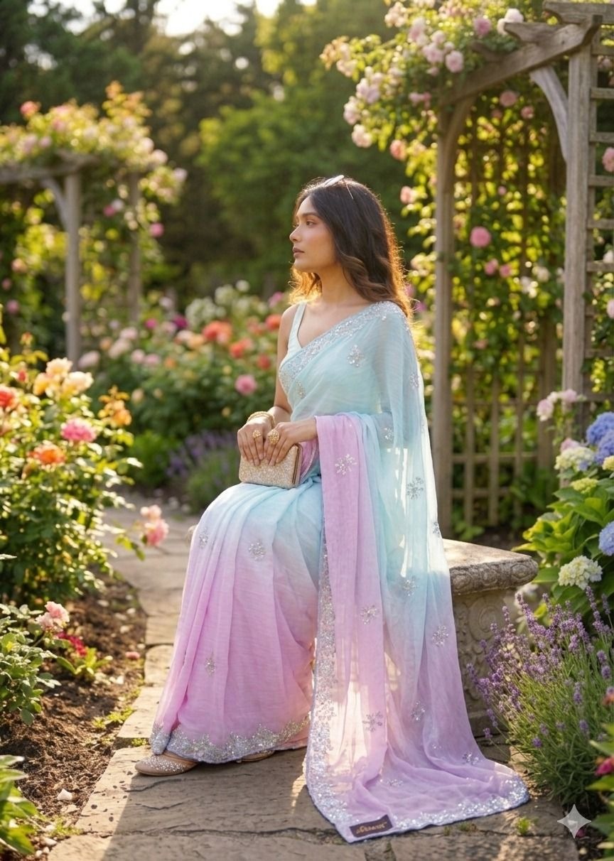 Sky Blue-Pink Pixel Crush Saree