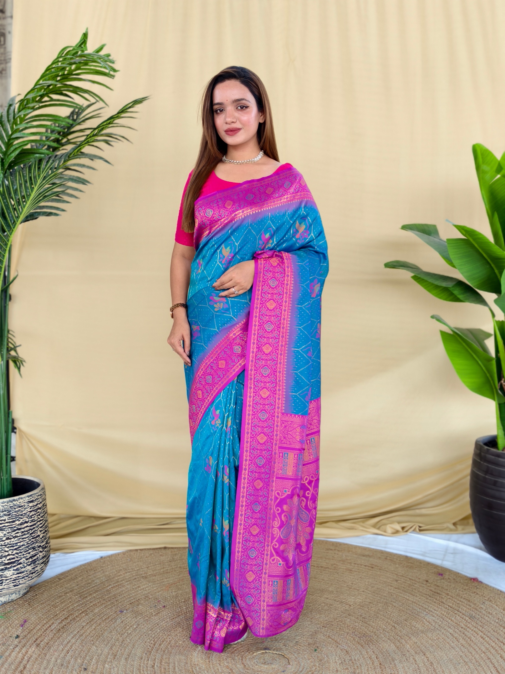 Sky Blue Pink Woven Silk Blend Saree