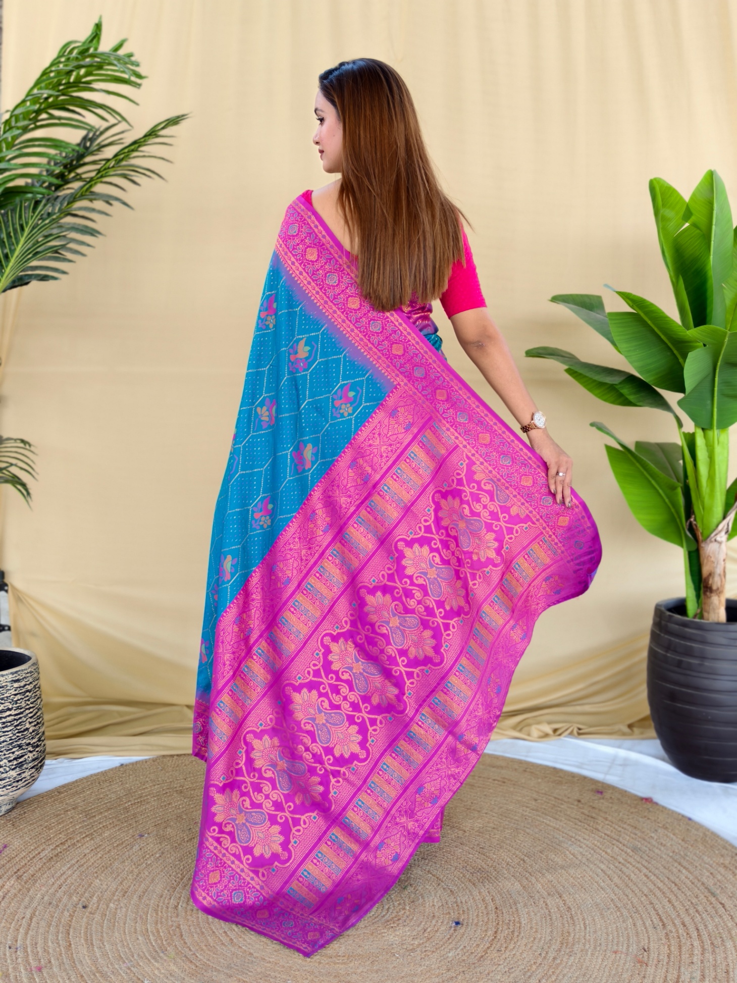 Sky Blue Pink Woven Silk Blend Saree — alternate view