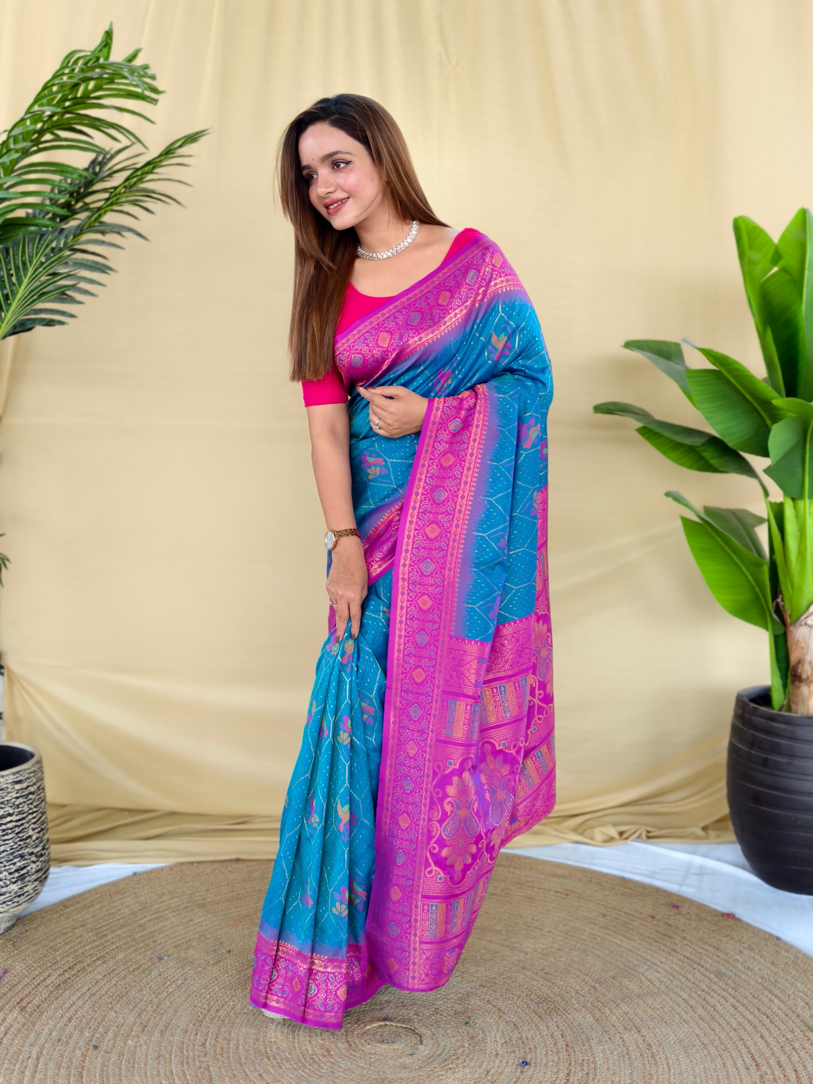 Sky Blue Pink Woven Silk Blend Saree