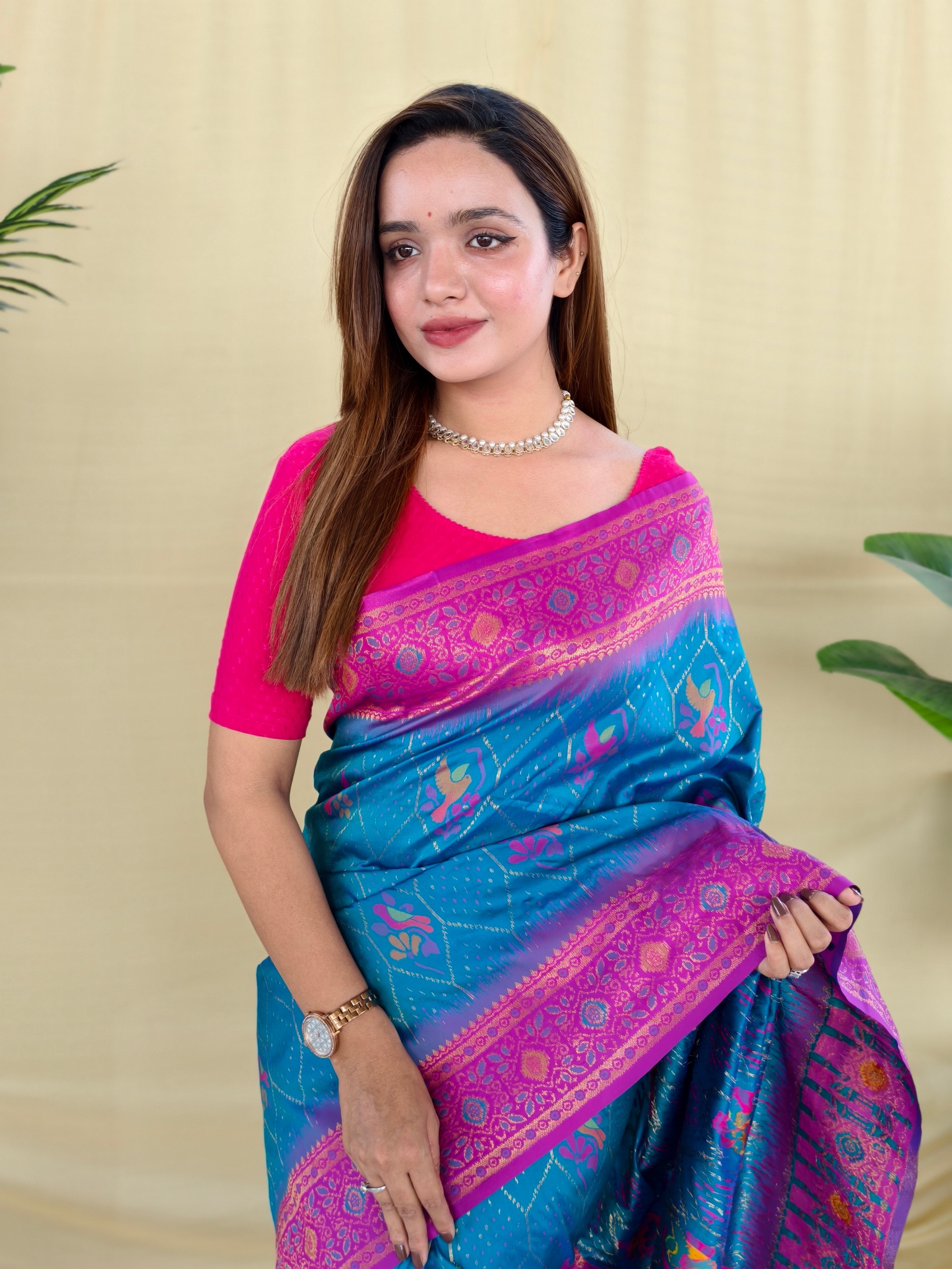 Sky Blue Pink Woven Silk Blend Saree