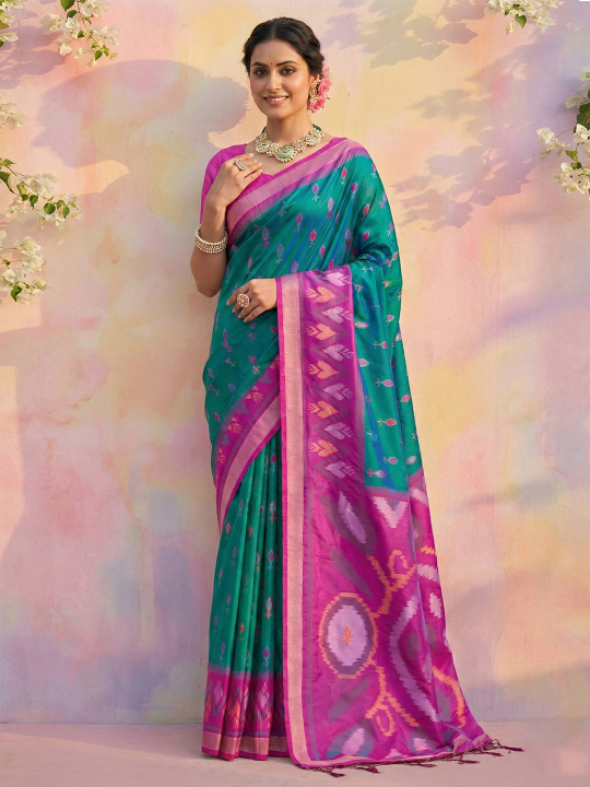 Sky Blue Pink Woven Soft Silk Designer Saree