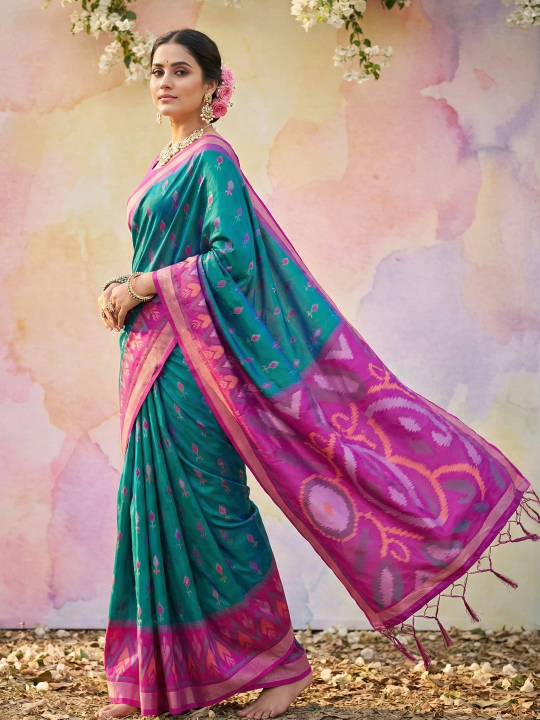 Sky Blue Pink Woven Soft Silk Designer Saree