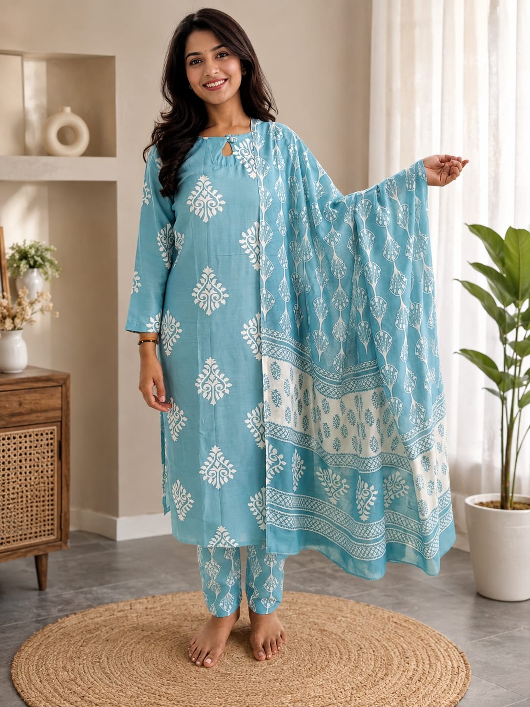 Sky Blue Printed Rayon Straight Suit