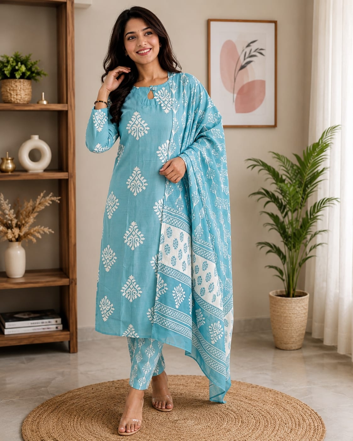 Sky Blue Printed Rayon Straight Suit — alternate view
