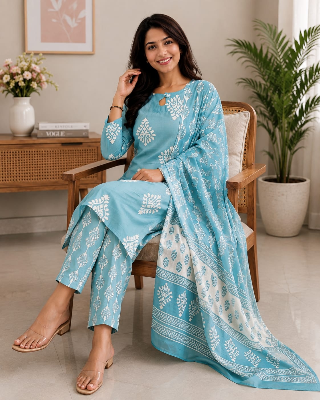 Sky Blue Printed Rayon Straight Suit