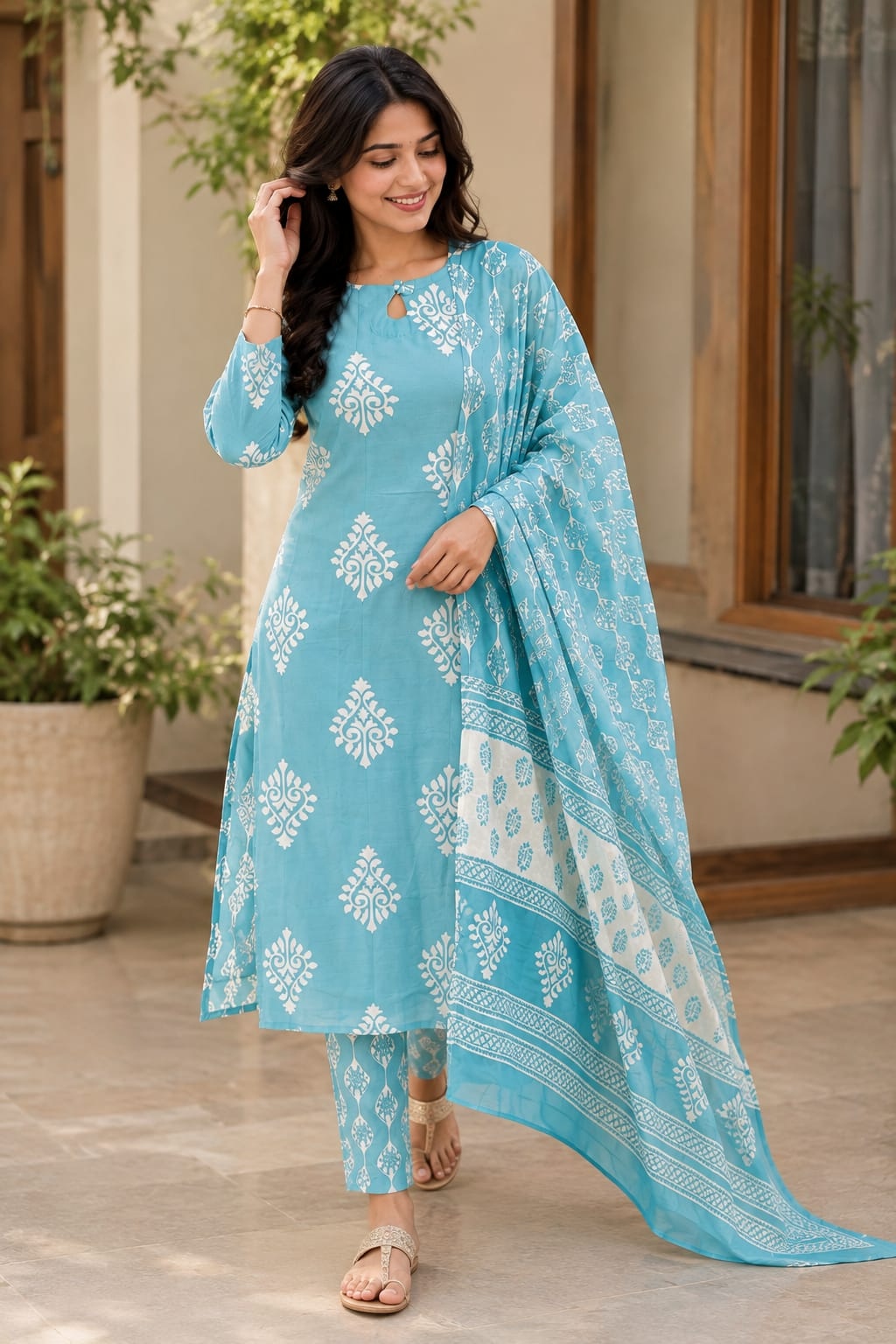 Sky Blue Printed Rayon Straight Suit