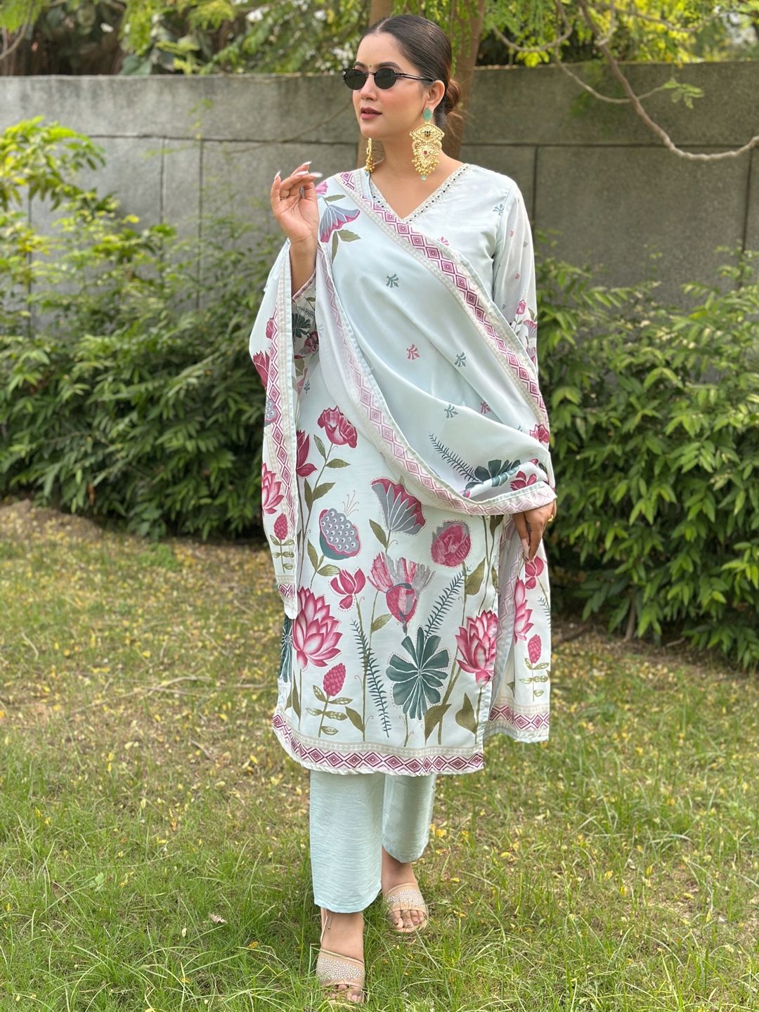Sky Blue Printed Silk Blend Straight Suit