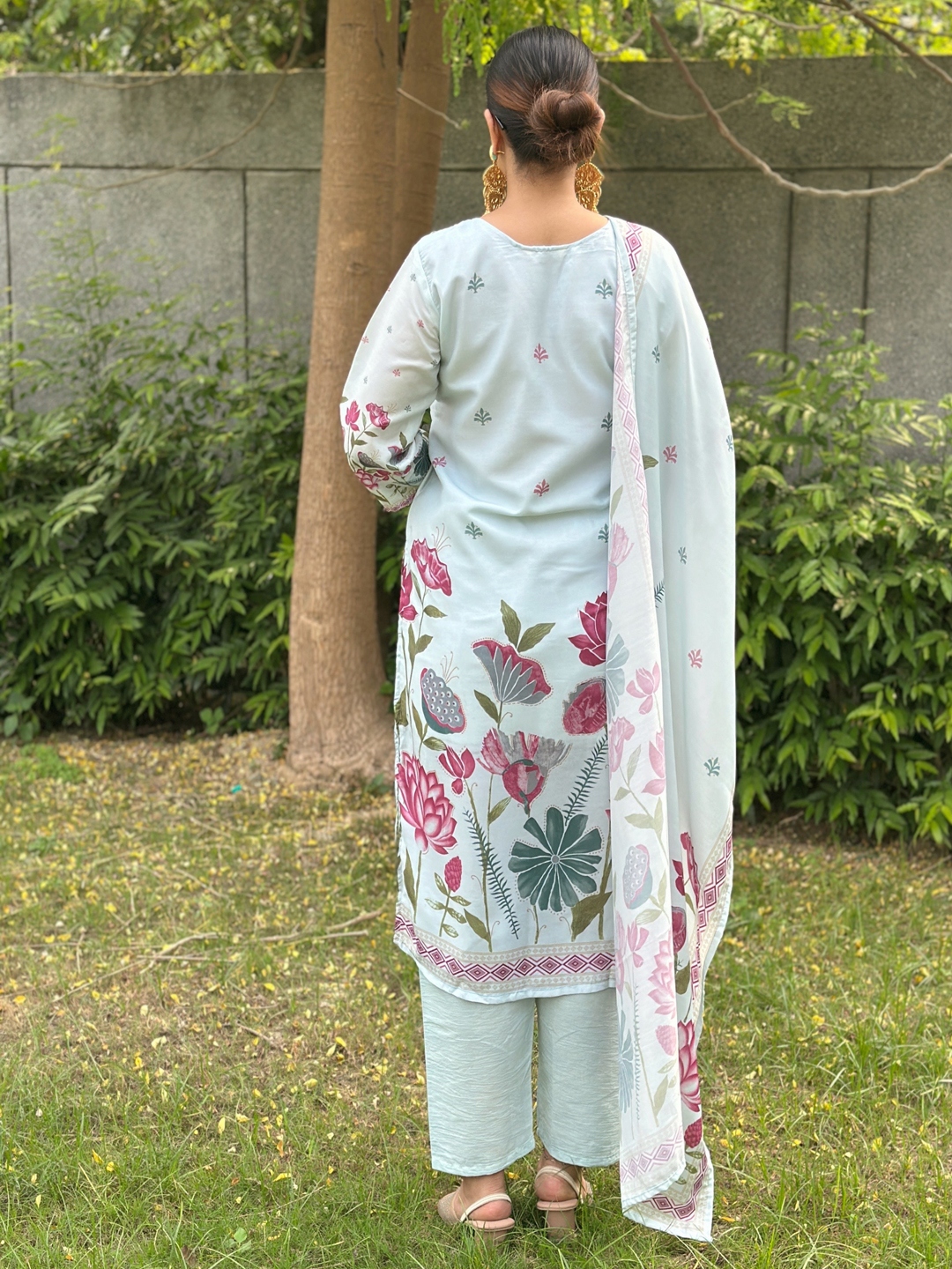 Sky Blue Printed Silk Blend Straight Suit — alternate view