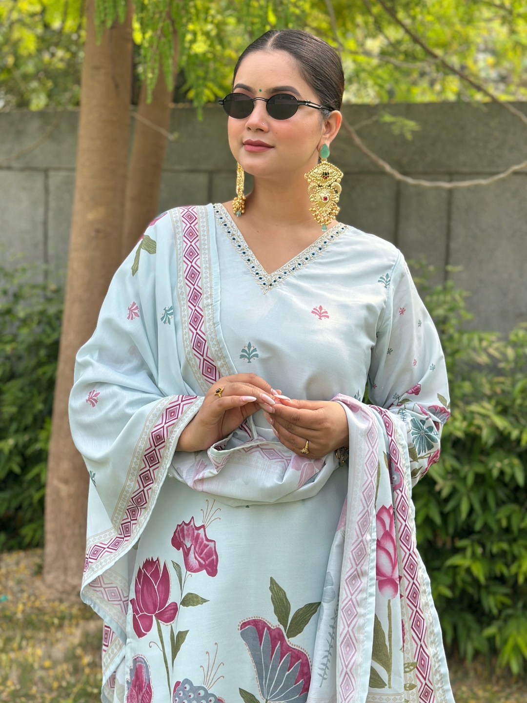 Sky Blue Printed Silk Blend Straight Suit