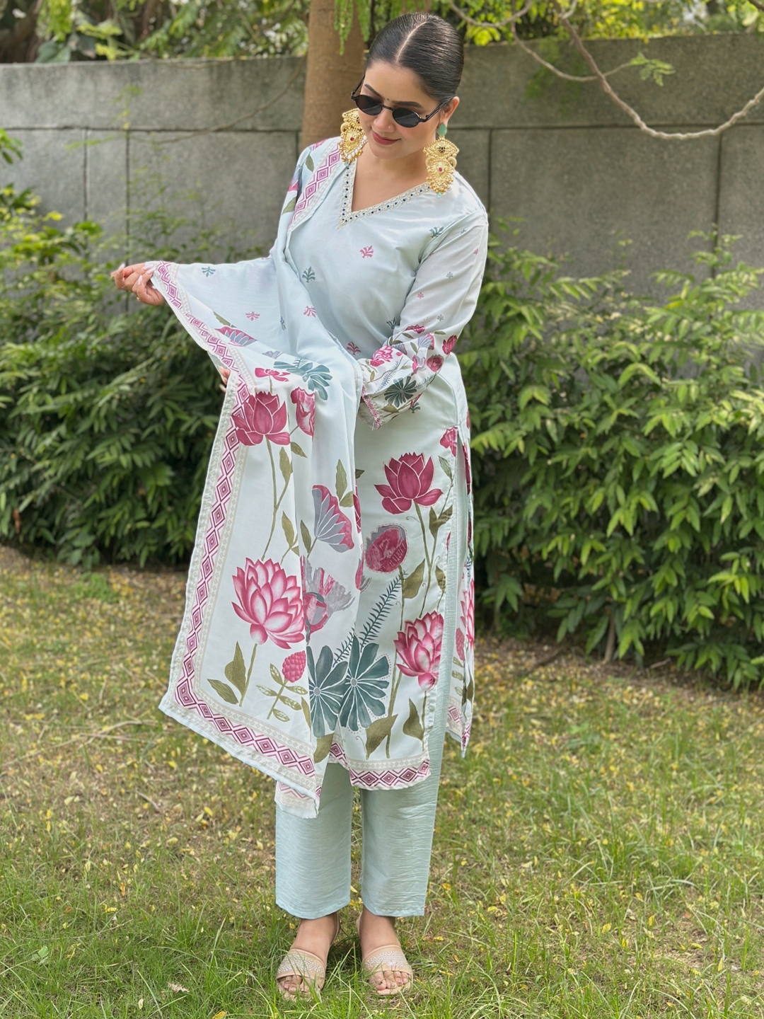 Sky Blue Printed Silk Blend Straight Suit