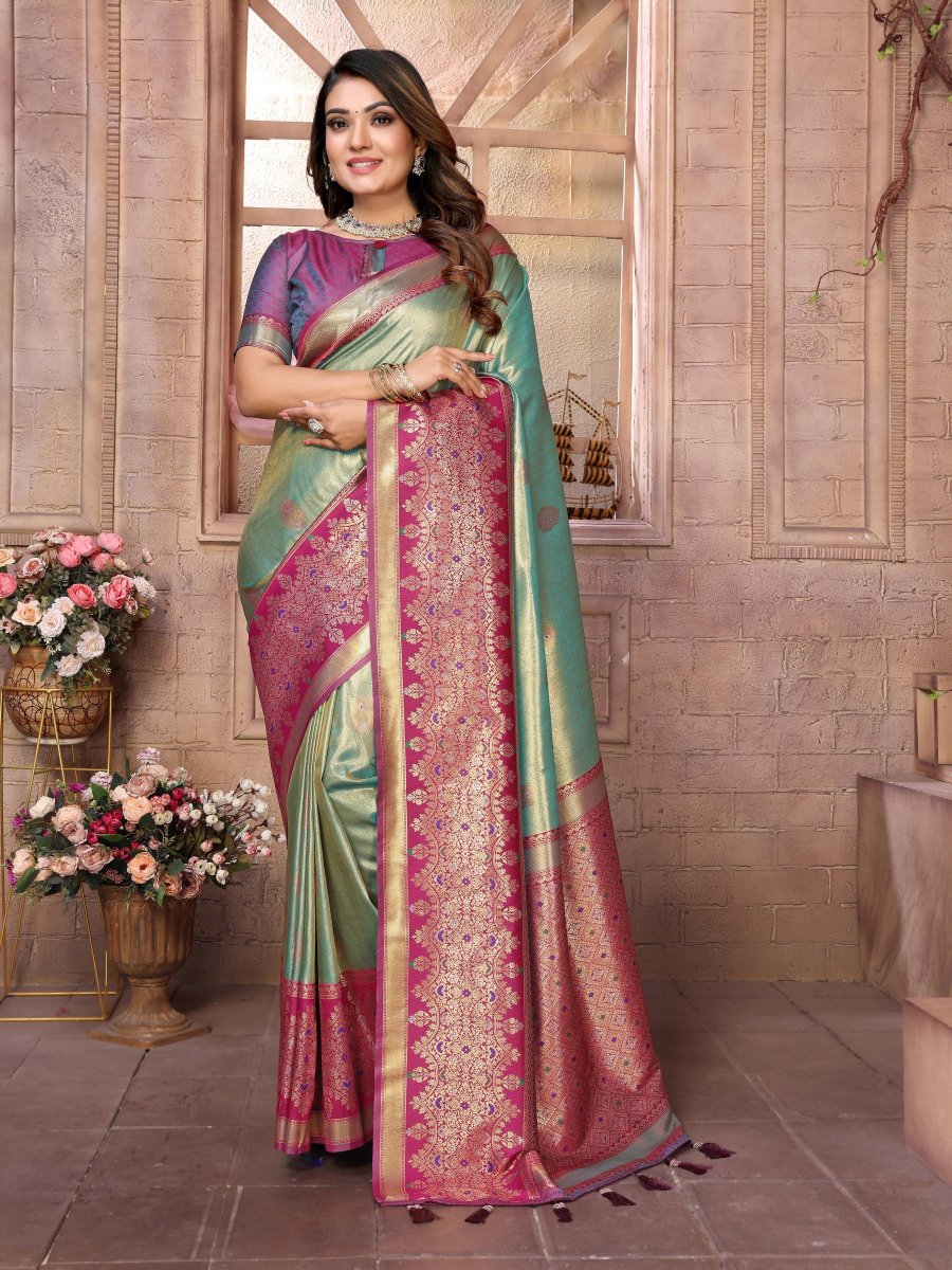 Sky Blue Purple Banarasi Tissue Silk Saree