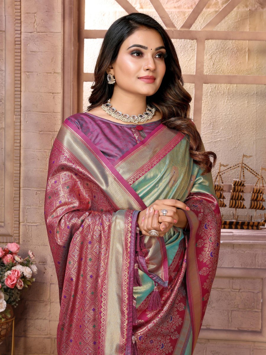 Sky Blue Purple Banarasi Tissue Silk Saree