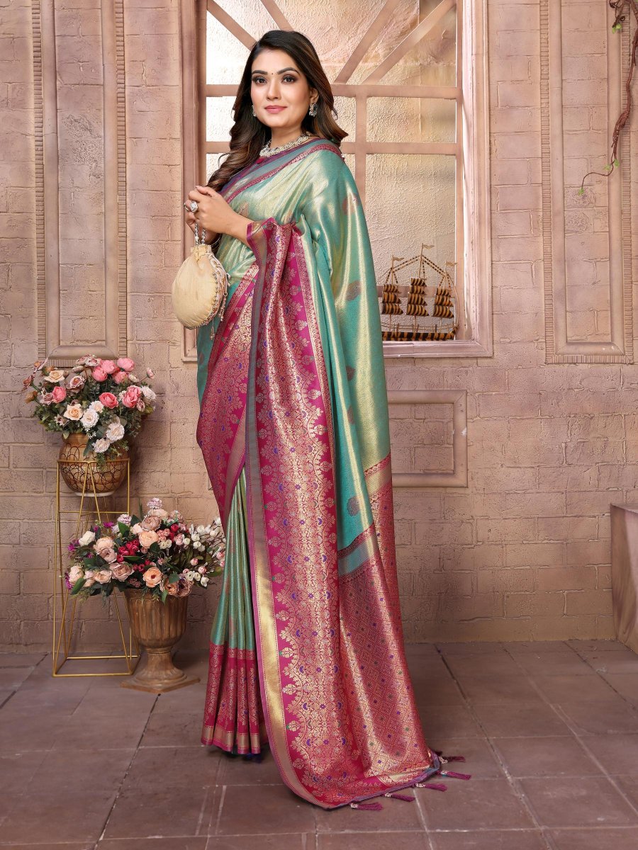 Sky Blue Purple Banarasi Tissue Silk Saree