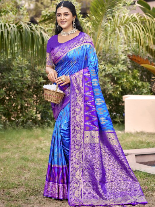 Sky Blue Purple Pochampalli Silk Saree