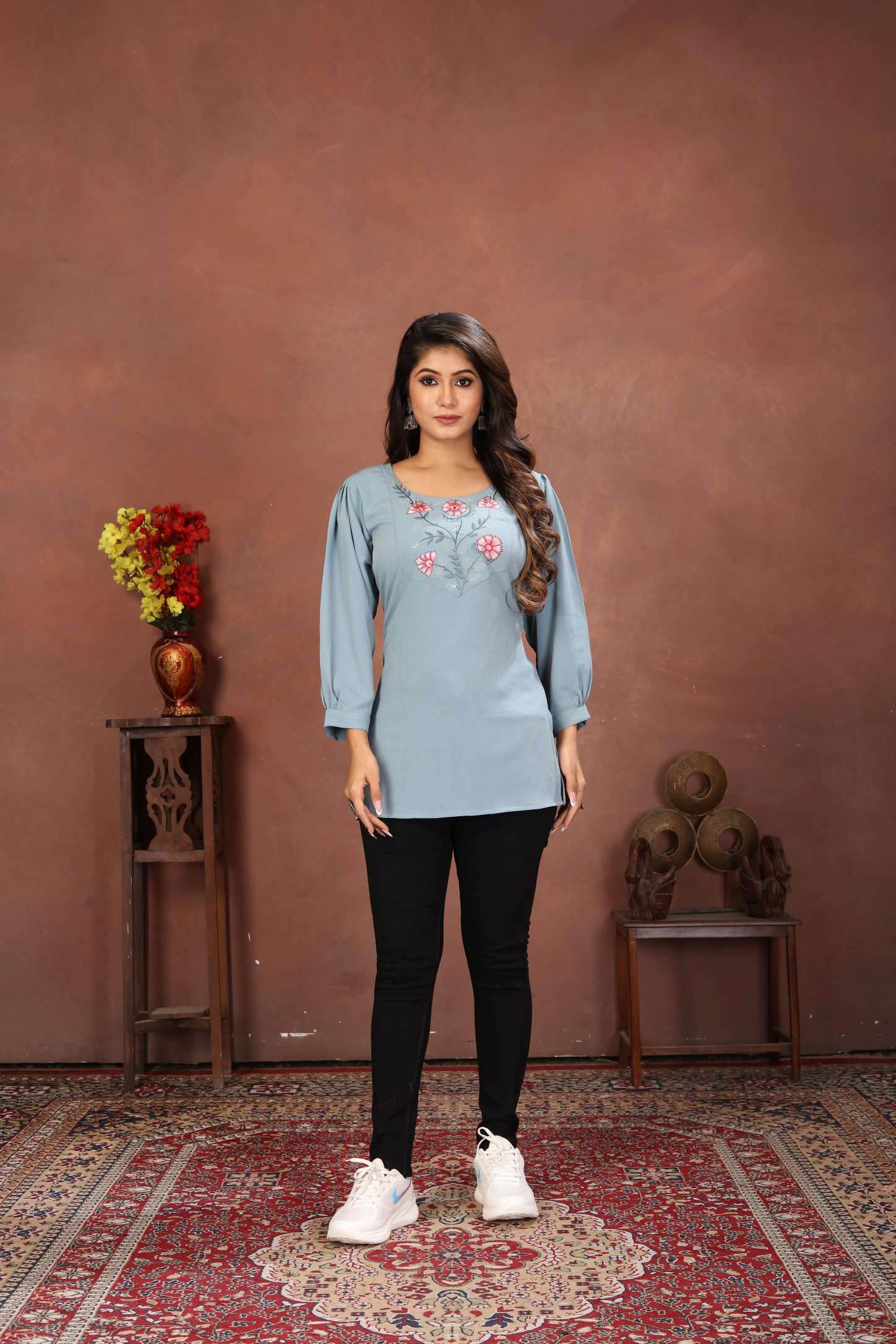 Sky Blue Rinkal Cotton Embroidered Short Kurti